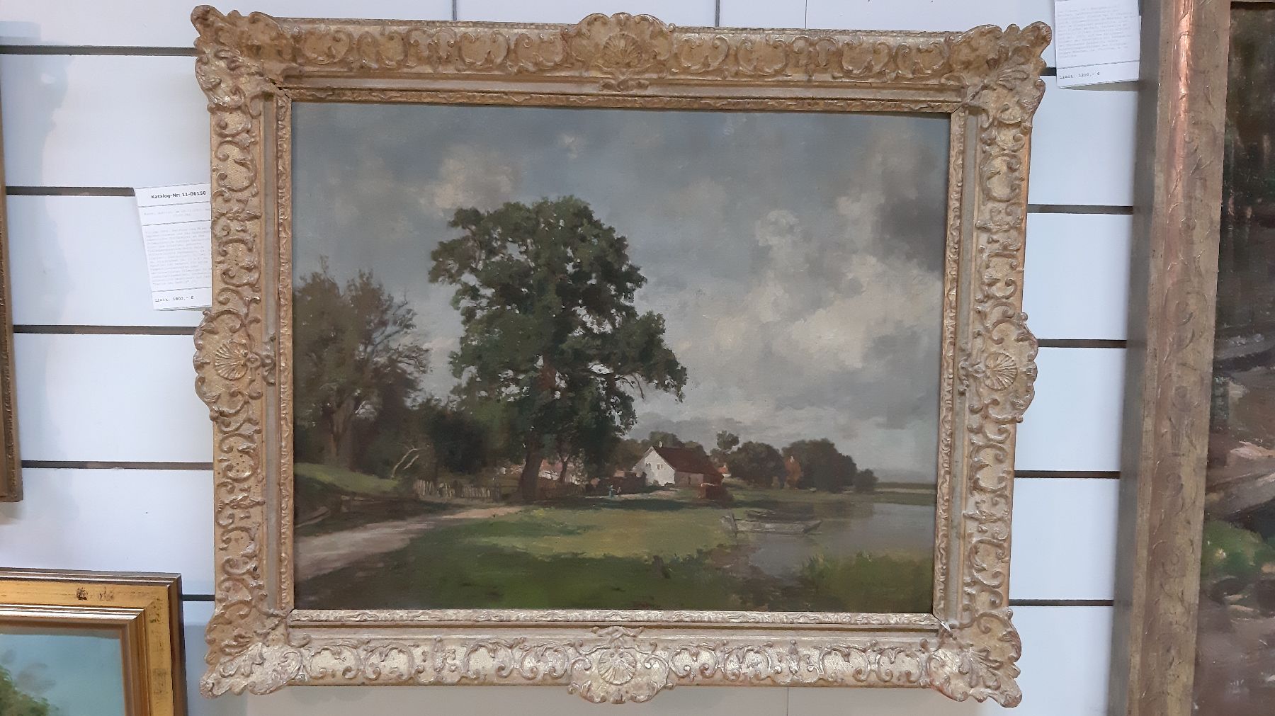 Detail c: Philipp Röth, Zeichner und Maler des Impressionismus und der Spätromantik, sommerliche Dorfansicht am See, stimmungsvolle sonnige Landschaft mit ...
