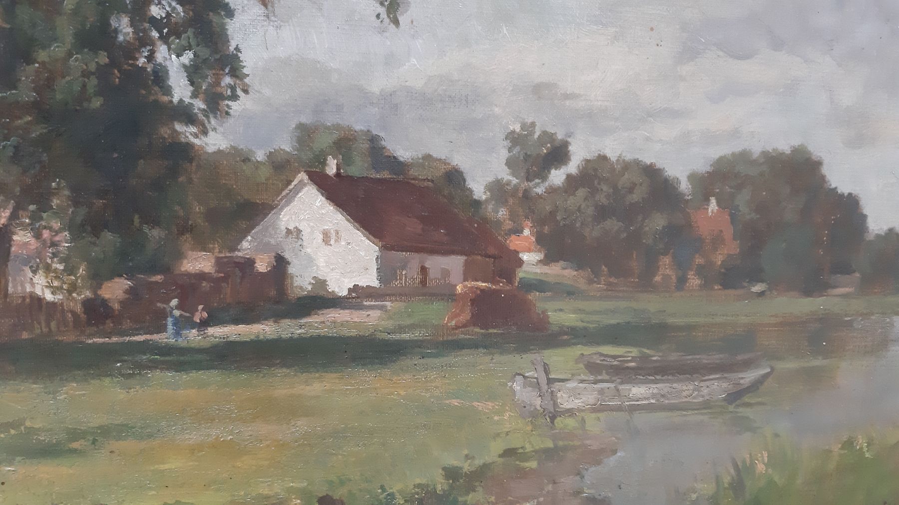 Detail e: Philipp Röth, Zeichner und Maler des Impressionismus und der Spätromantik, sommerliche Dorfansicht am See, stimmungsvolle sonnige Landschaft mit ...