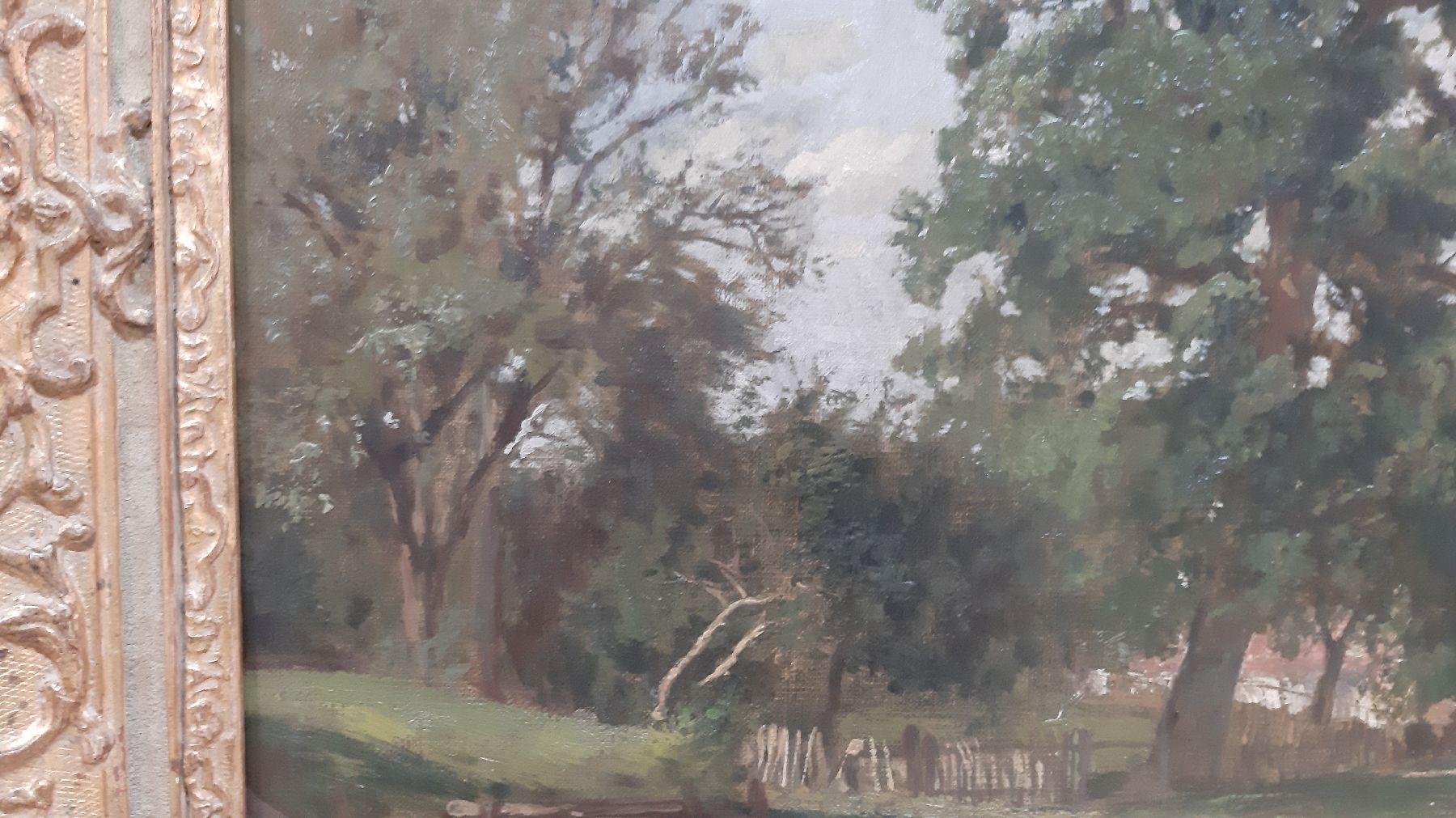 Detail g: Philipp Röth, Zeichner und Maler des Impressionismus und der Spätromantik, sommerliche Dorfansicht am See, stimmungsvolle sonnige Landschaft mit ...