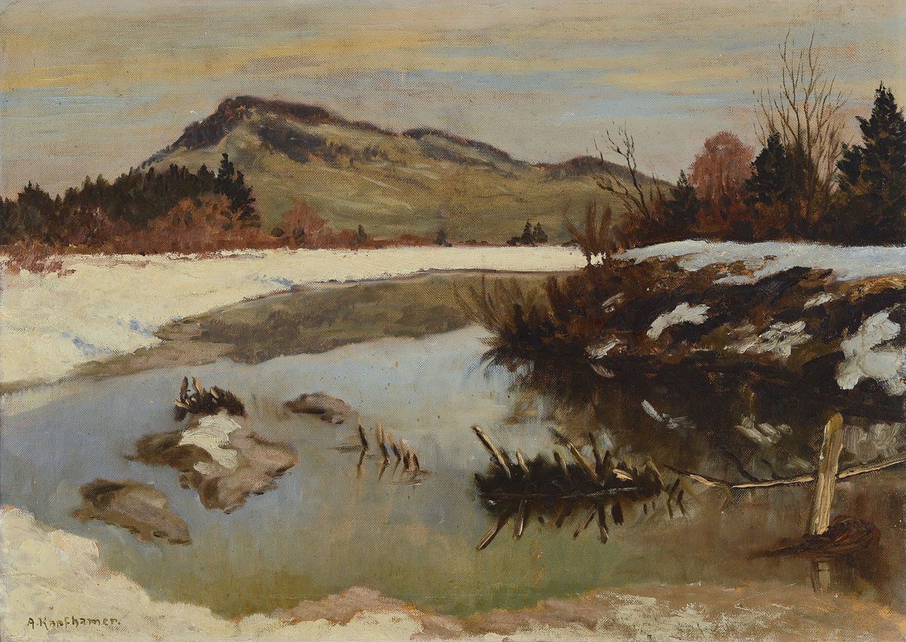 Adolf Kapfhammer, 1967 München bis ca. 2011, tätig und ansässig in München, süddeutsche Winterlandschaft am See, sehr gut beobachtete ...
