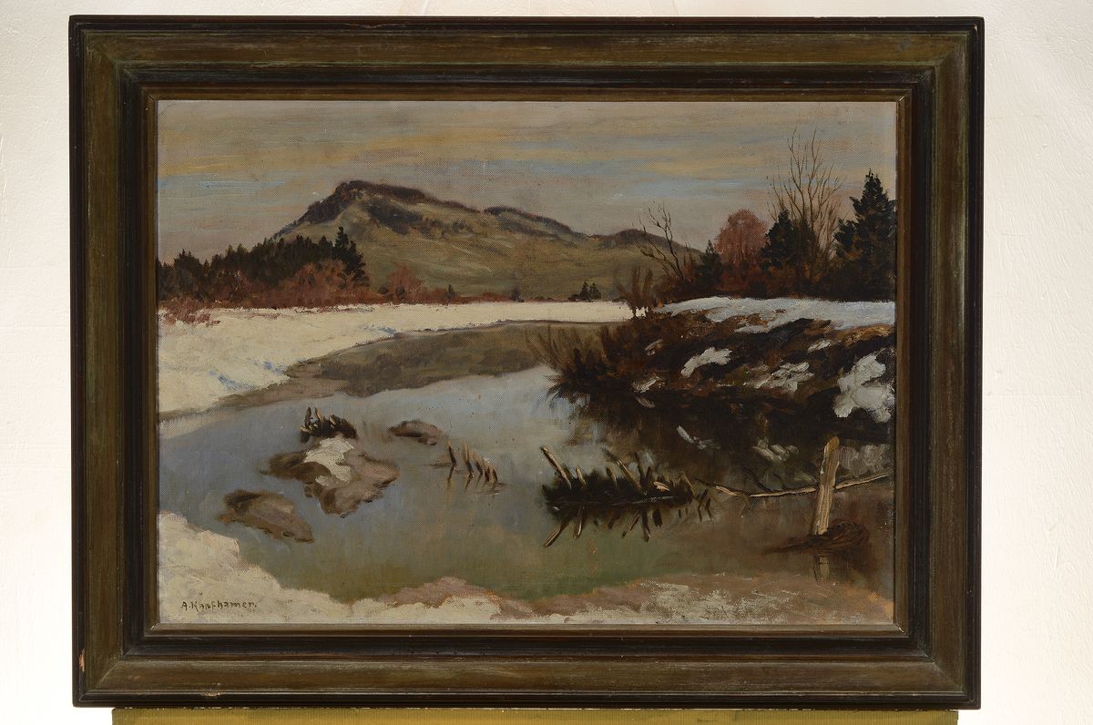 Detail k: Adolf Kapfhammer, 1967 München bis ca. 2011, tätig und ansässig in München, süddeutsche Winterlandschaft am See, sehr gut beobachtete ...