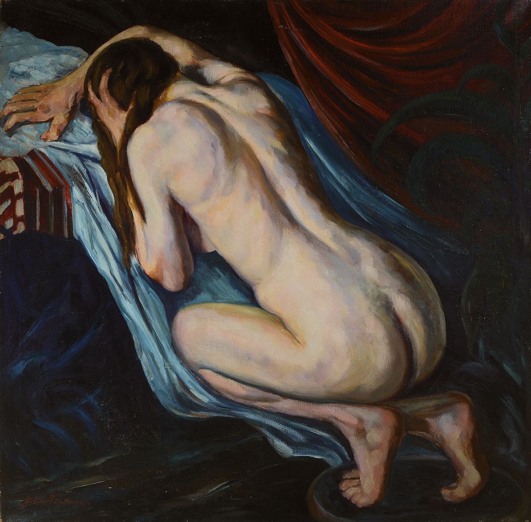Unbekannter Künstler, 1. Hälfte 20. Jh., melancholischer Rückenakt, Öl/Lwd, links unten unleserlich signiert Artur (?) T...., ca. 110x110cm
