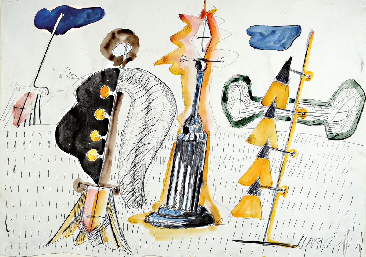 Markus Lüpertz, geb. 1941, Mischtechnik Gouache, Kohle und Bleistift auf Papier, links oben signiert Markus, ca. 43x 62cm, leicht verschmutzt, vom ...