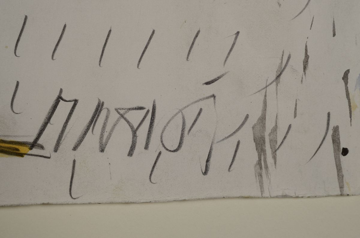 Detail l: Markus Lüpertz, geb. 1941, Mischtechnik Gouache, Kohle und Bleistift auf Papier, links oben signiert Markus, ca. 43x 62cm, leicht verschmutzt, vom ...