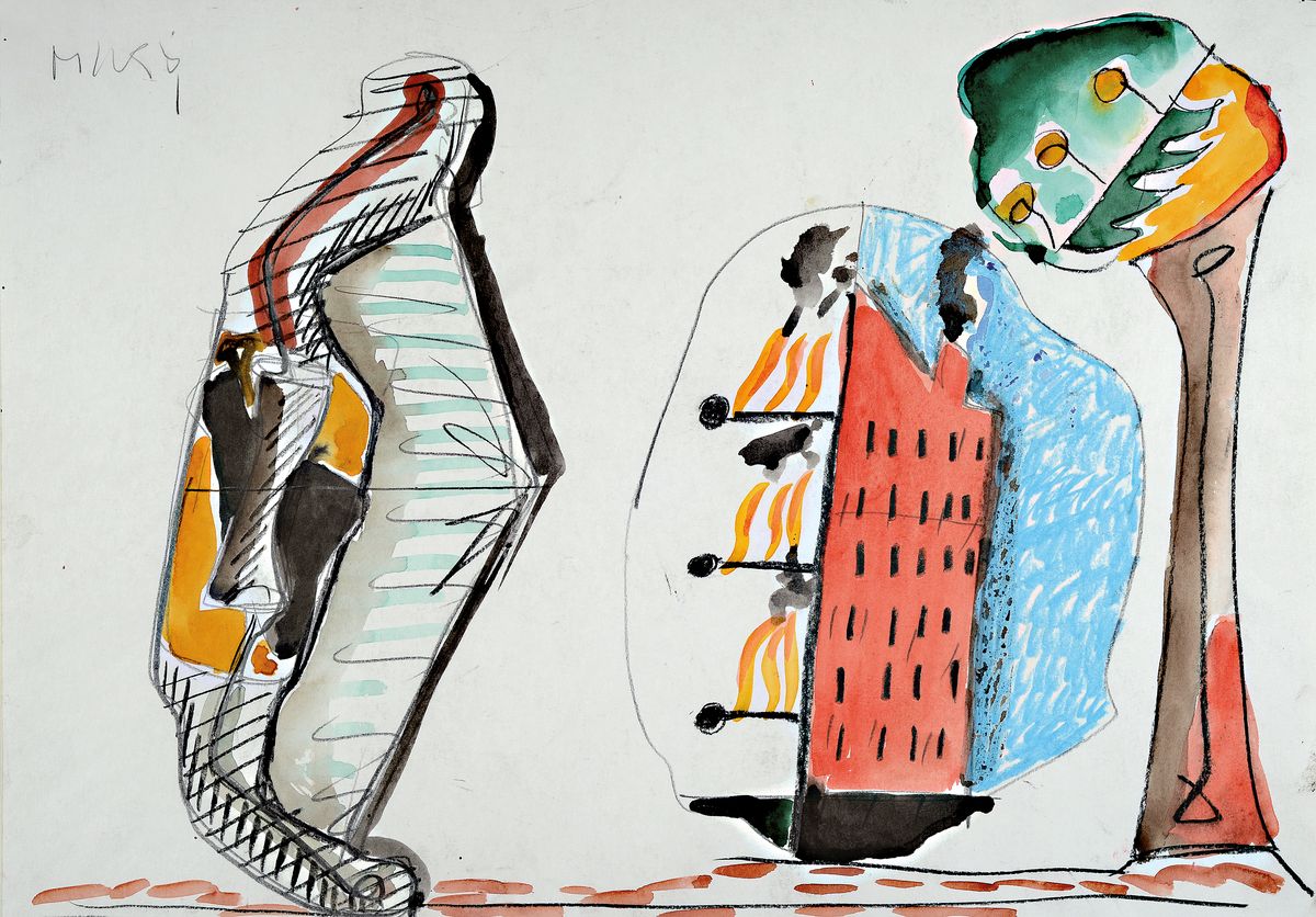 Markus Lüpertz, geb. 1941, Mischtechnik Gouache, Kohle und Bleistift auf Papier, links oben signiert Markus, ca. 43x 62cm, leicht verschmutzt, vom ...
