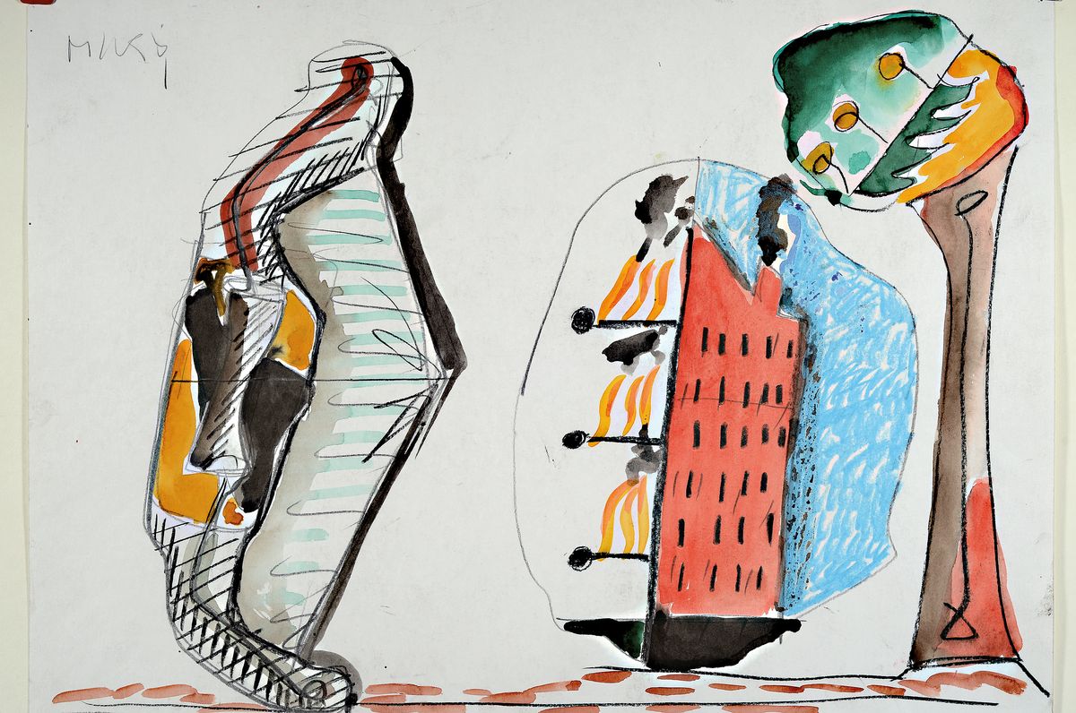 Detail k: Markus Lüpertz, geb. 1941, Mischtechnik Gouache, Kohle und Bleistift auf Papier, links oben signiert Markus, ca. 43x 62cm, leicht verschmutzt, vom ...