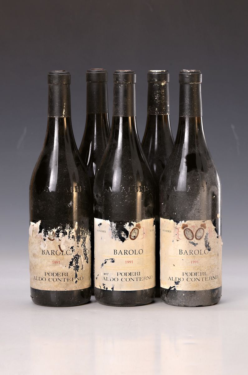 5 Flaschen Barolo Poderi Aldo Conterno, 1991, Füllstand into neck-top shoulder, Etiketten teilweise stark angerissen, 75cl, aus einer privaten ...