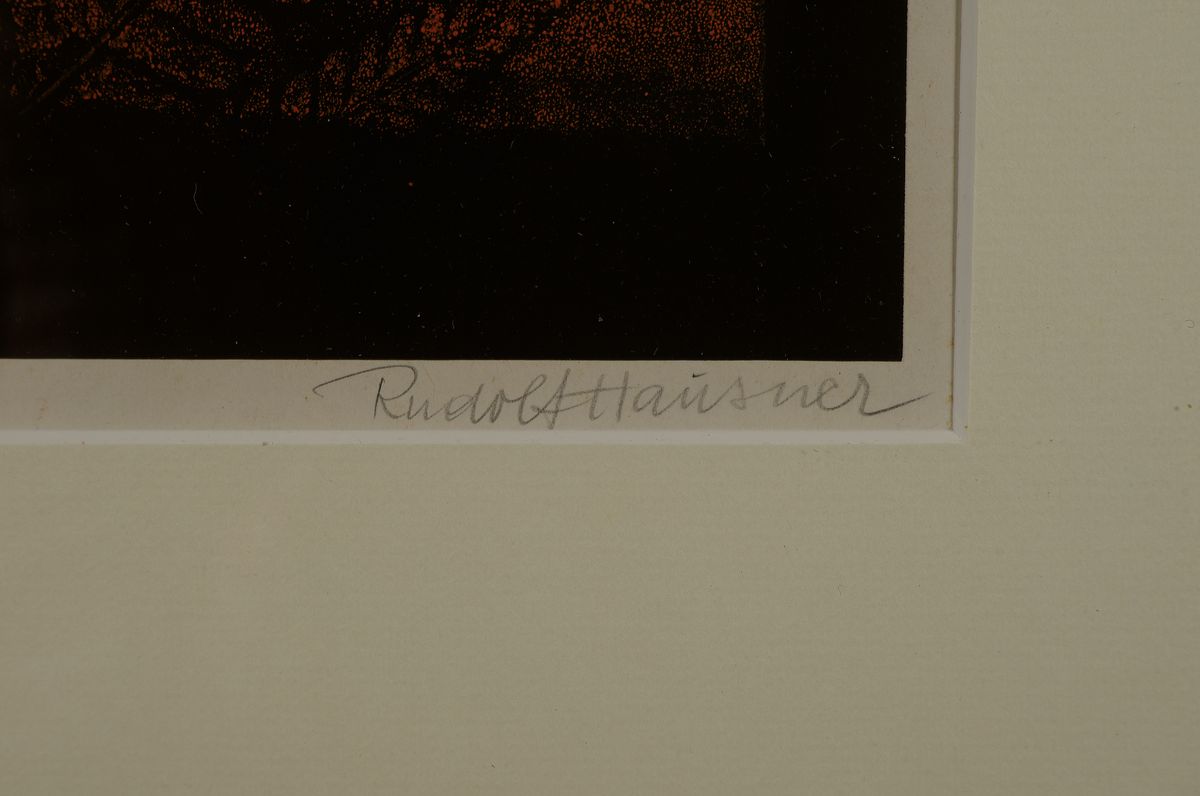 Detail a: Rudolf Hausner, 1914-1995, " Monotypie ", Farnblatt, handsign., unter Glas gerahmt, Motiv ca. 47x30, gesamt ca. 61x45 cm