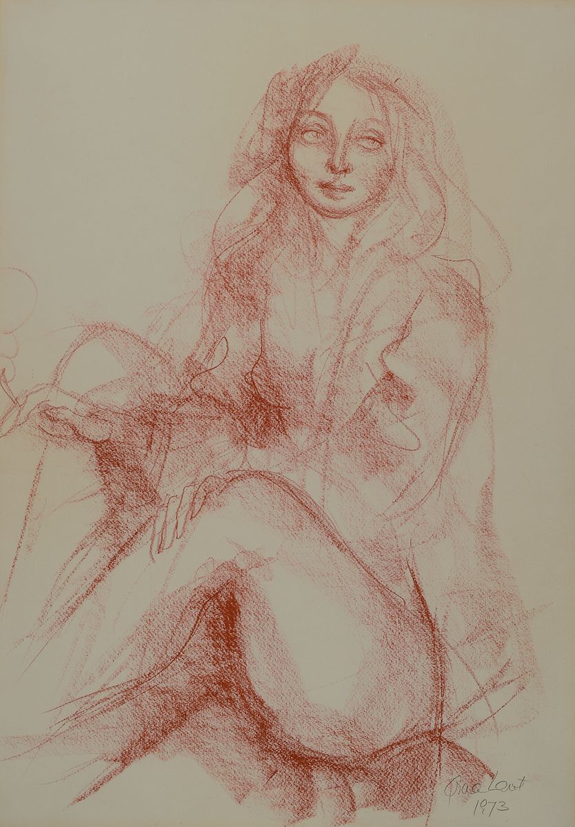 Dina Larot, geb. 1942, "Mädchen", Rötelzeichnung, sign., dat. 1973, unter Glas gerahmt, gesamt ca. 78x60 cm