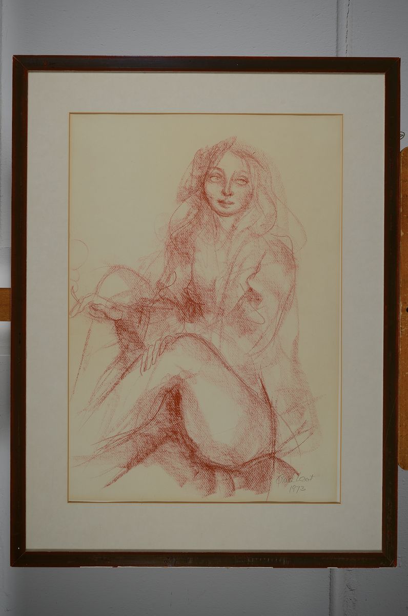 Detail k: Dina Larot, geb. 1942, "Mädchen", Rötelzeichnung, sign., dat. 1973, unter Glas gerahmt, gesamt ca. 78x60 cm