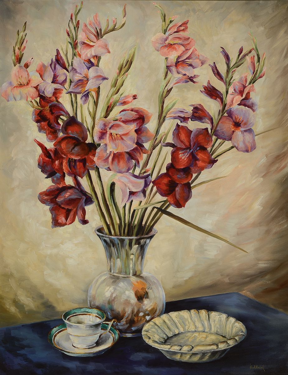Paul Kreisel, 1891-1982 Danzig, Blumenstillleben mit Kaffeetasse und Schale, Öl/Lwd, rechts unten signiert, ca. 91x69cm/105x82cm, Rahmen