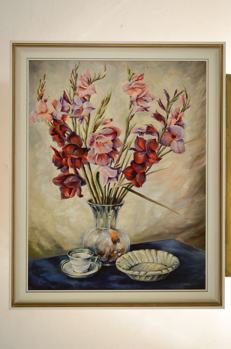 Detail k: Paul Kreisel, 1891-1982 Danzig, Blumenstillleben mit Kaffeetasse und Schale, Öl/Lwd, rechts unten signiert, ca. 91x69cm/105x82cm, Rahmen