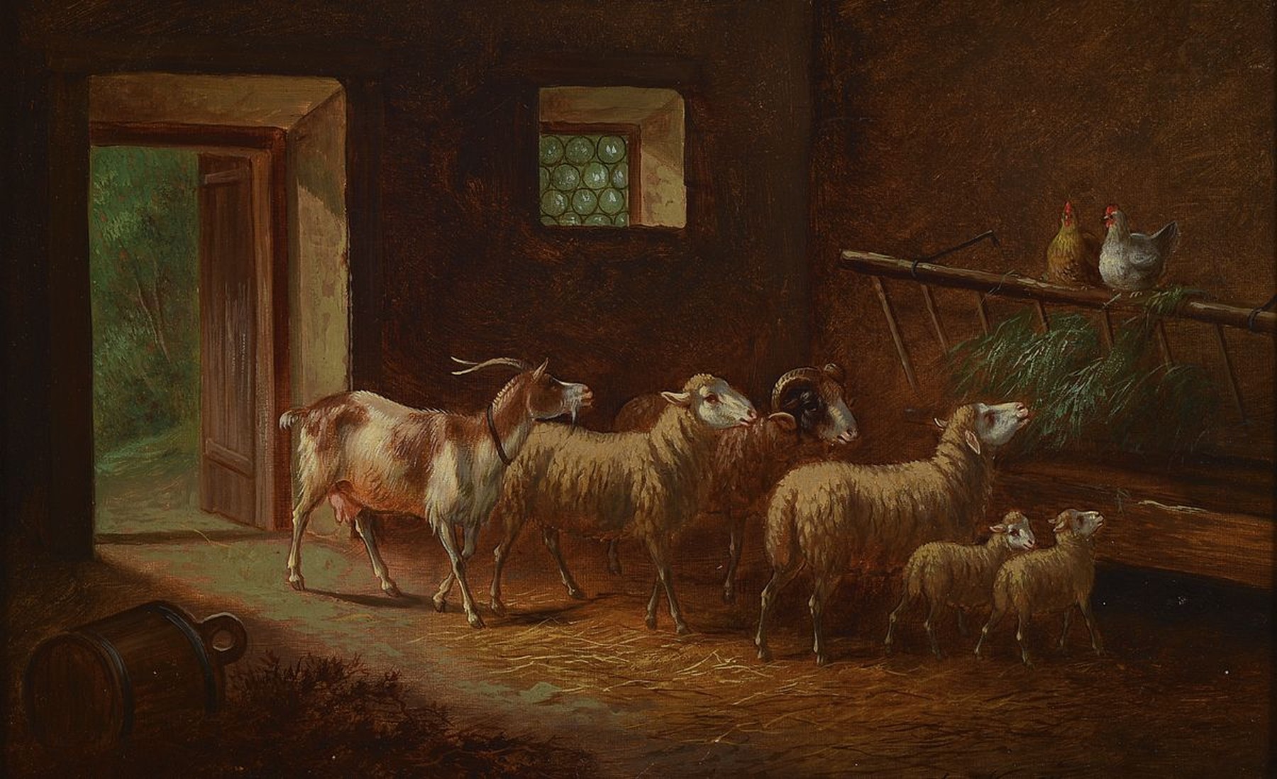 Adolf Nowey, geb. um 1835, Stallinterieur, Ziegenbock, Schafe und Hühner im Stall, Öl/Lwd, rechts unten signiert, ca. 23x36cm/37x51cm, Rahmen