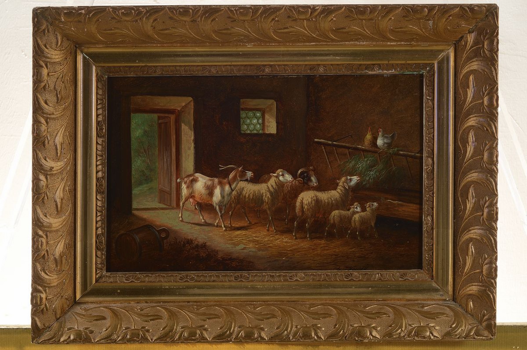 Detail k: Adolf Nowey, geb. um 1835, Stallinterieur, Ziegenbock, Schafe und Hühner im Stall, Öl/Lwd, rechts unten signiert, ca. 23x36cm/37x51cm, Rahmen
