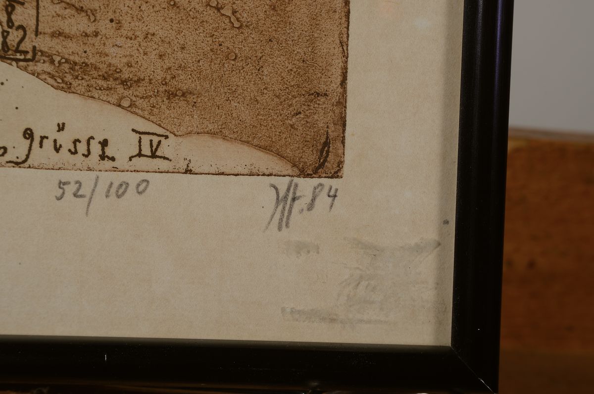 Detail c: Horst Janssen, 1929-1995, Konvolut aus Radierungen, beide sign., dat. 84 u.88, beide num. 52/100, 10/100, je unter Glas gerahmt, Platte ca.22x11 cm, ...