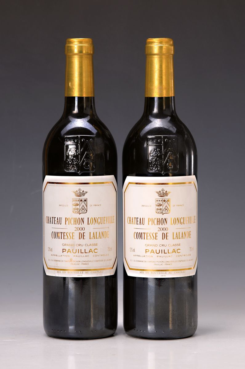 2 Flaschen Chateau Pichon Longueville 2000, Grand Cru Classé, Comtesse de Lalande, Pauillac, 75cl, Füllstand into neck, aus einer privaten ...