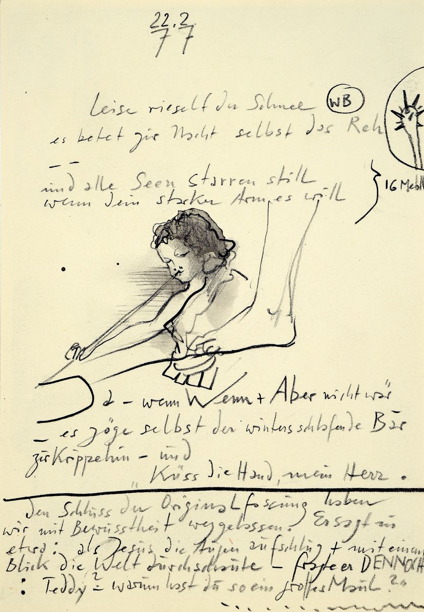 Horst Janssen, 1929-1995, Bleistift- Zeichnung, dat. 22.2.77, ca. 18x13 cm, PP, ca. 32x23 cm, leichte Flecken auf PP zusehen