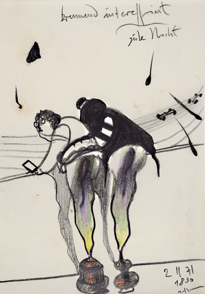 Horst Janssen, 1929-1995, Blei und Buntstiftzeichnung, dat., ca. 15x11 cm, PP, gesamt 30x24 cm, leichte Flecken auf PP zusehen