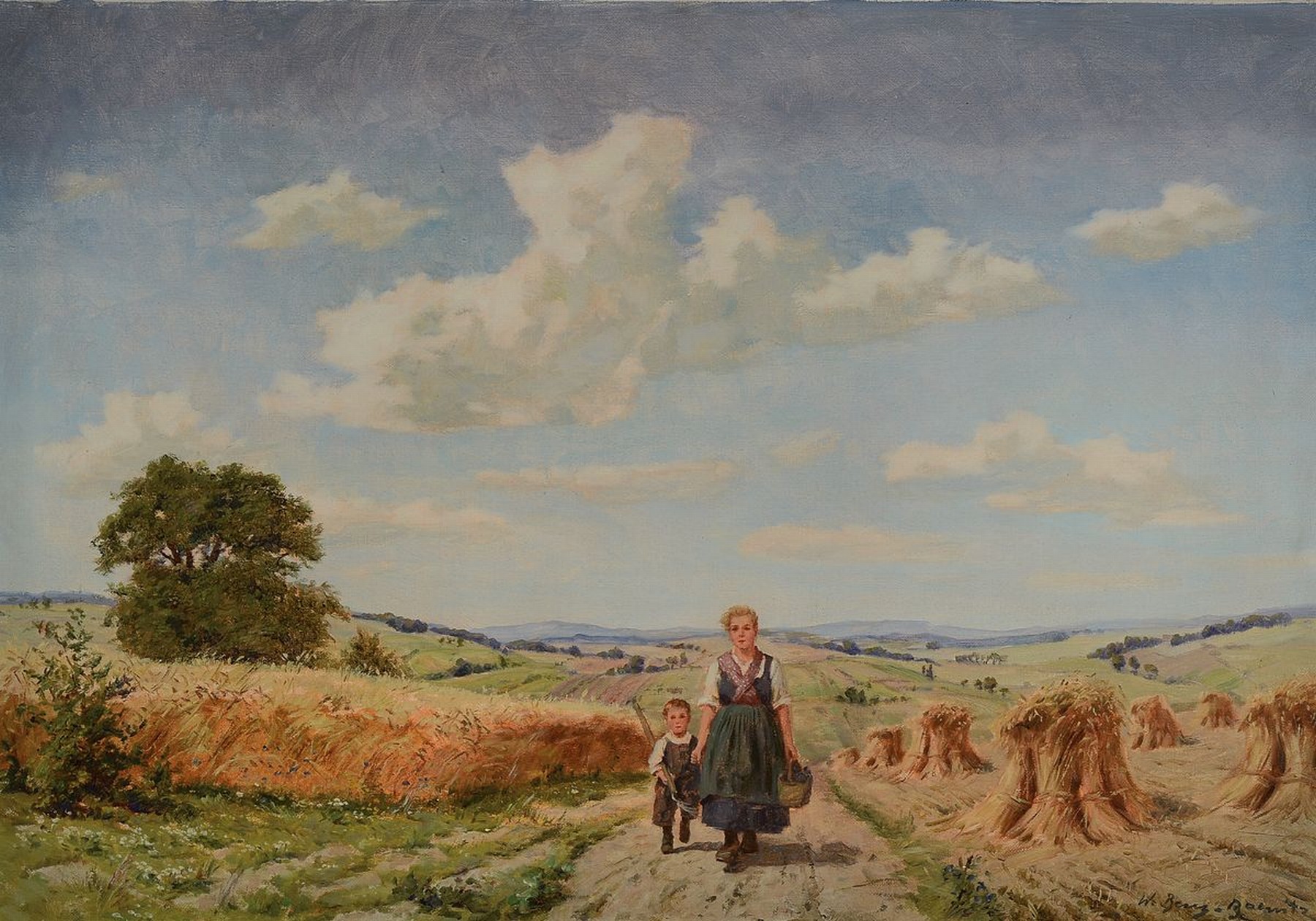 Willy Benz-Baenitz, 1881-1957, Mutter und Kind auf dem Heimweg von der Ernte, Öl/Lwd, rechts unten signiert, ca. 70x100cm, R. ca. 88x119cm
