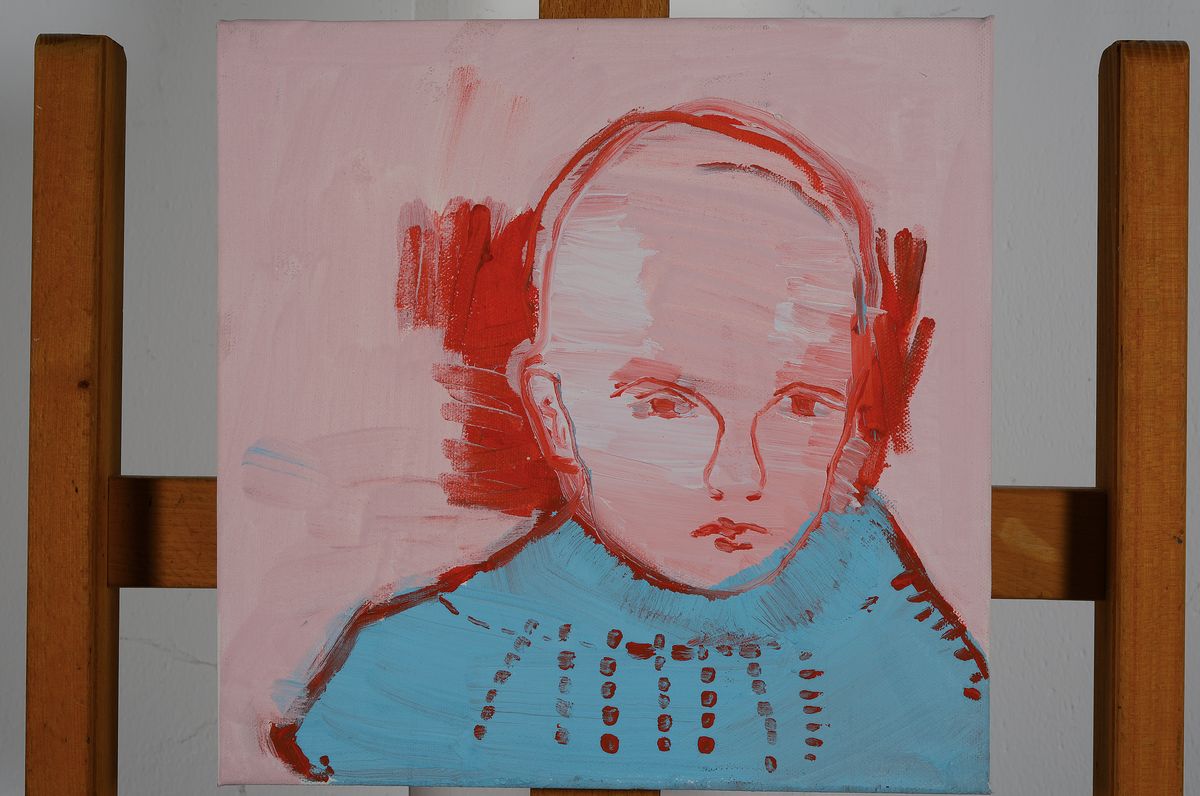 Detail k: Claudia Rößger, geb. 1977 Mittweida, Leipziger Schule, Schülerin von Arno Rink, hier: Porträt eines Kindes, Öl/Lwd, rückseitig am Rand signiert ...
