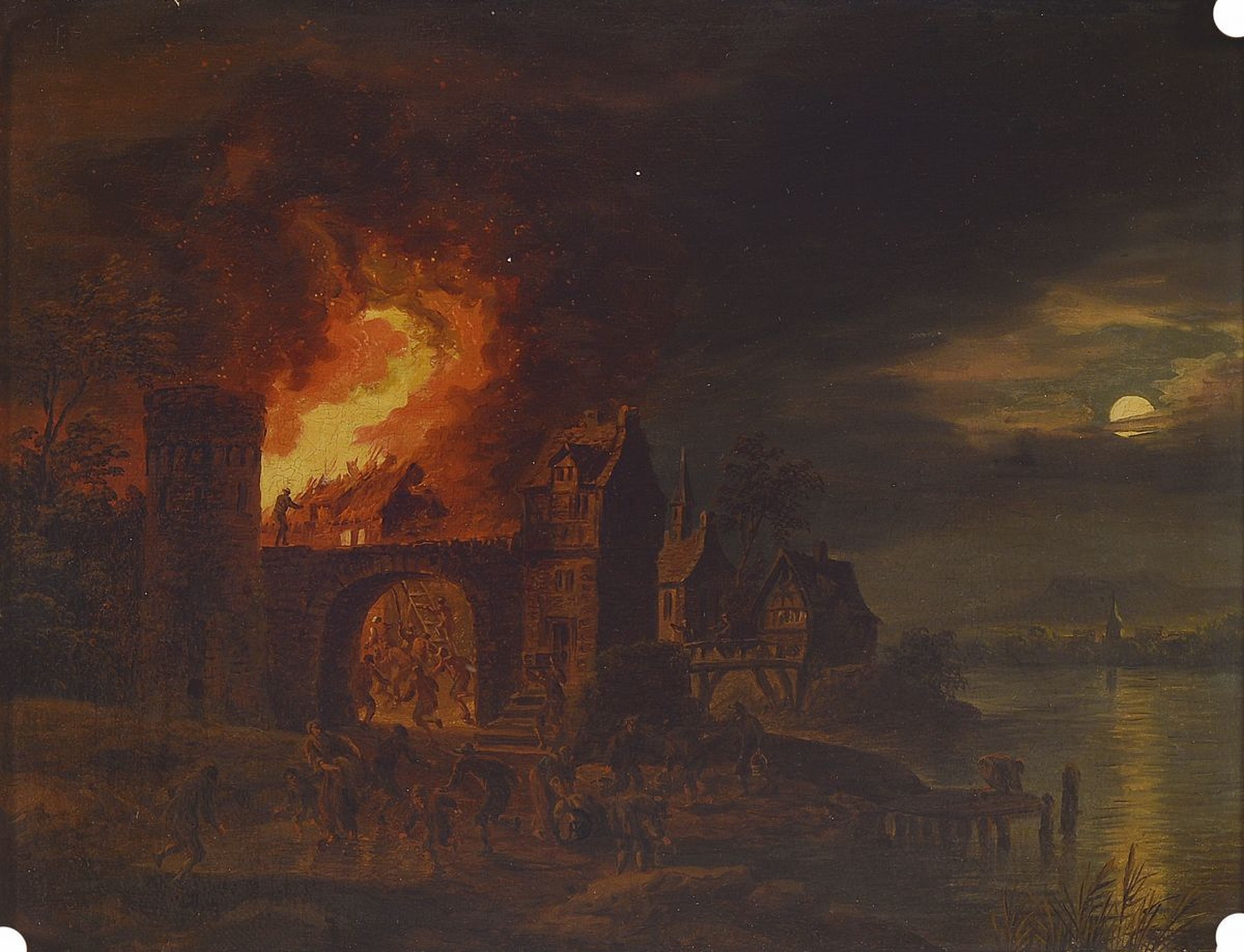 Zuschreibung: Johann Georg Trautmann, 1713 Zweibrücken-1796 Frankfurt/Main, packende vielfigurige Szene einer Feuerbrunst, dynamische Schilderung ...