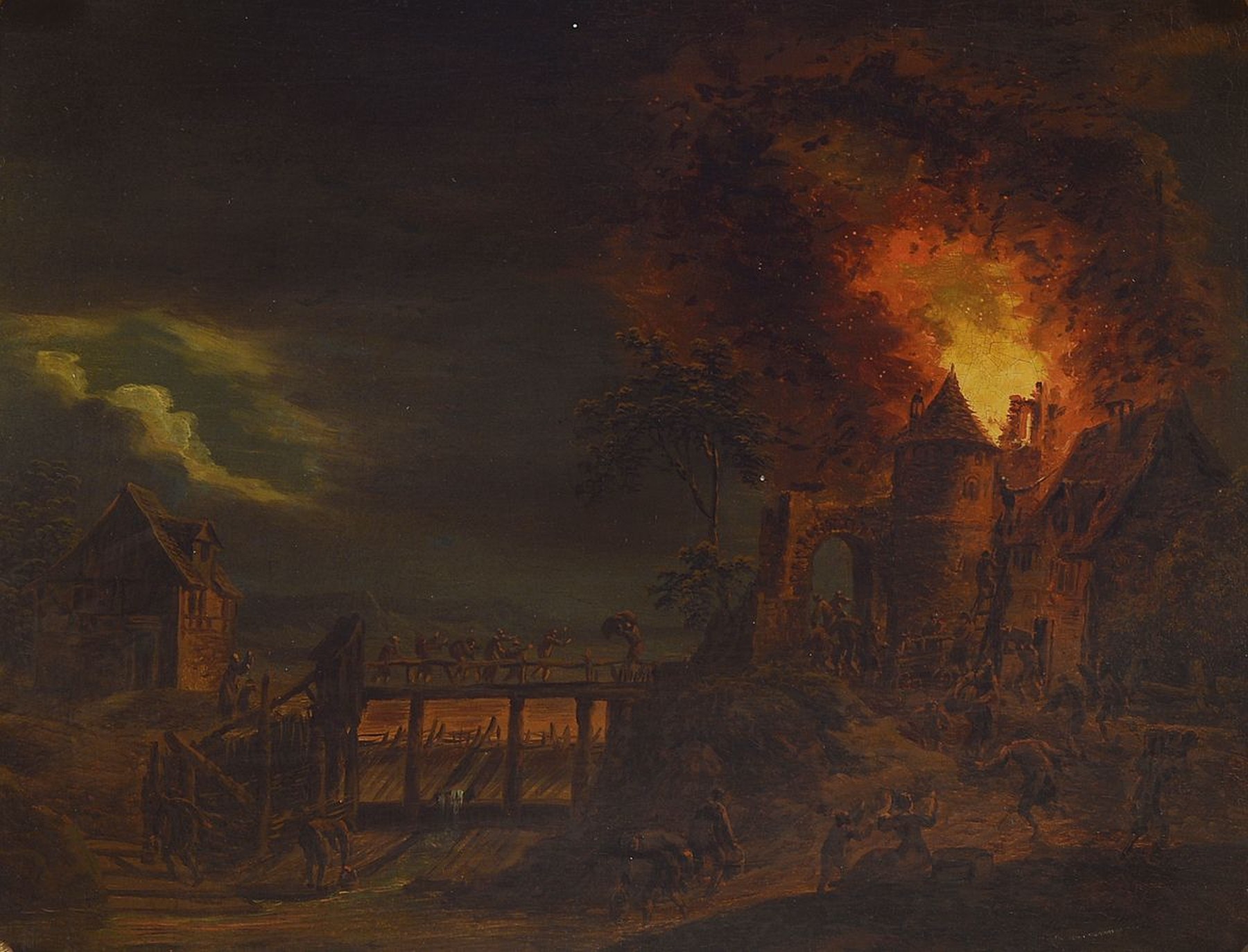 Zuschreibung: Johann Georg Trautmann, 1713 Zweibrücken-1796 Frankfurt/Main, Blick über den Fluss auf eine Feuersbrunst, zahlreiche Menschen beim ...