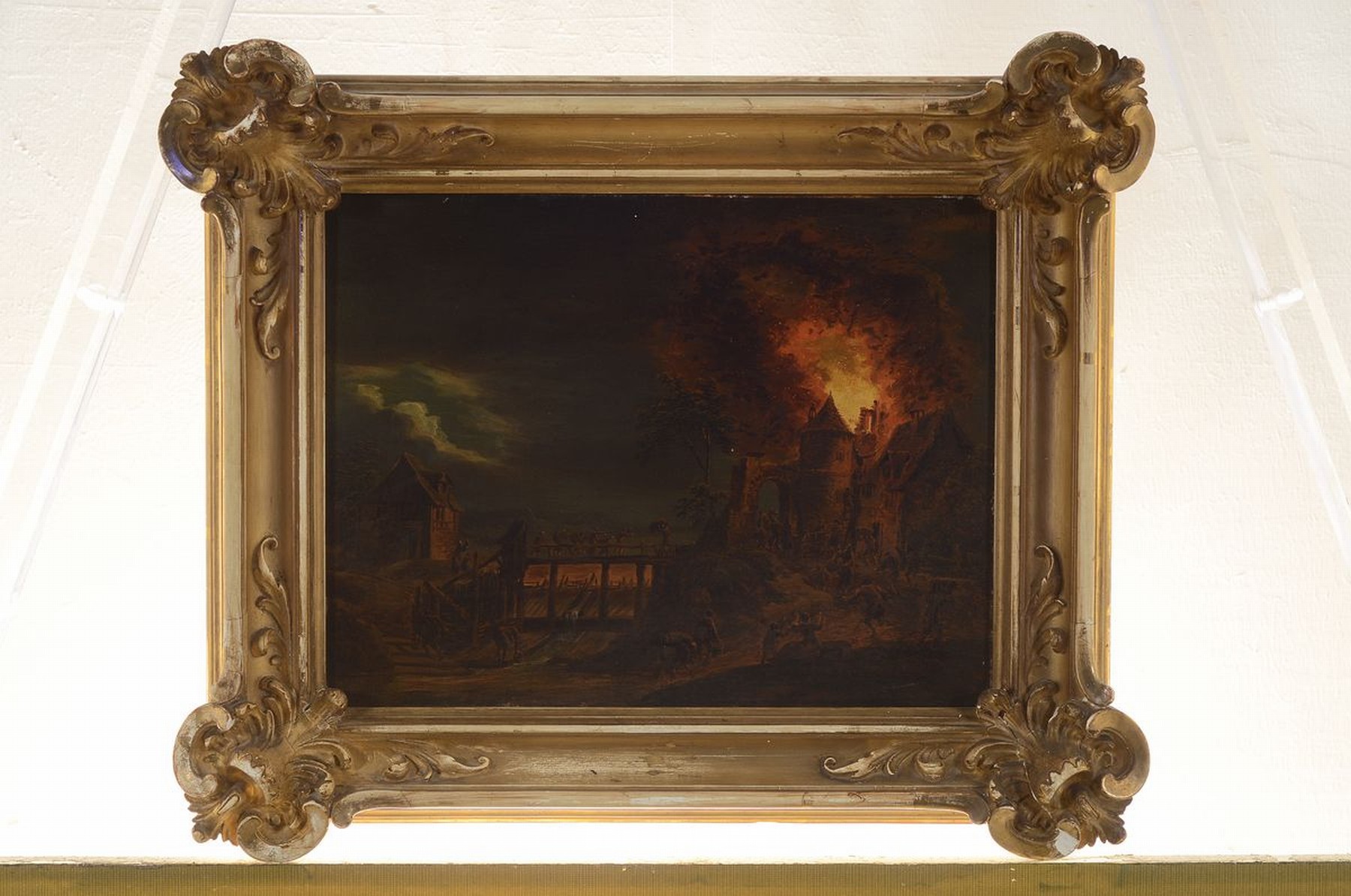 Detail k: Zuschreibung: Johann Georg Trautmann, 1713 Zweibrücken-1796 Frankfurt/Main, Blick über den Fluss auf eine Feuersbrunst, zahlreiche Menschen beim ...