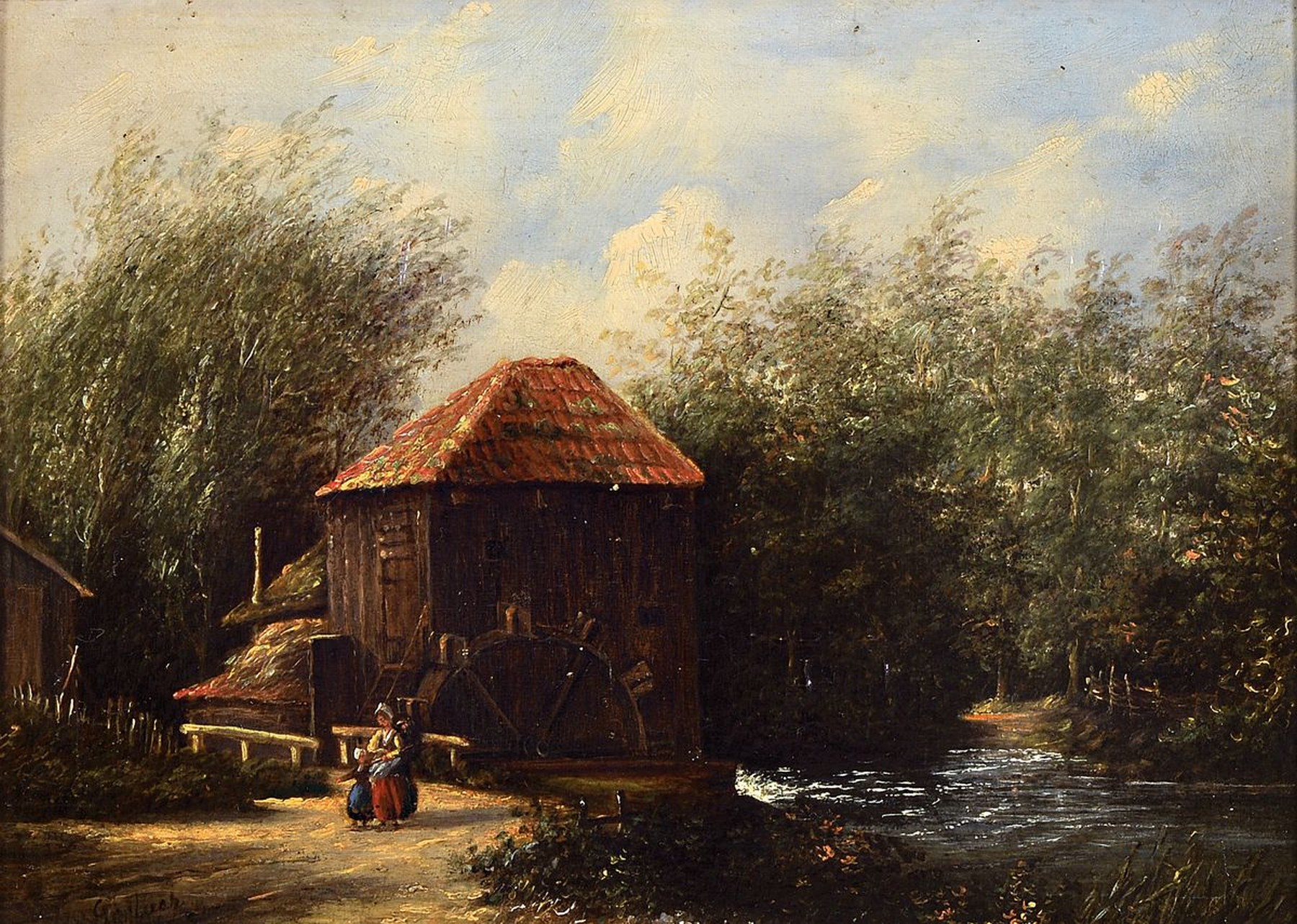 Zuschreibung: Julius Gerlach, Maler des 19./20. Jh., Mutter mit Kind vor einer Mühle am Bach, Öl/Holz, links unten signiert Gerlach, ca. 19x26cm, ...