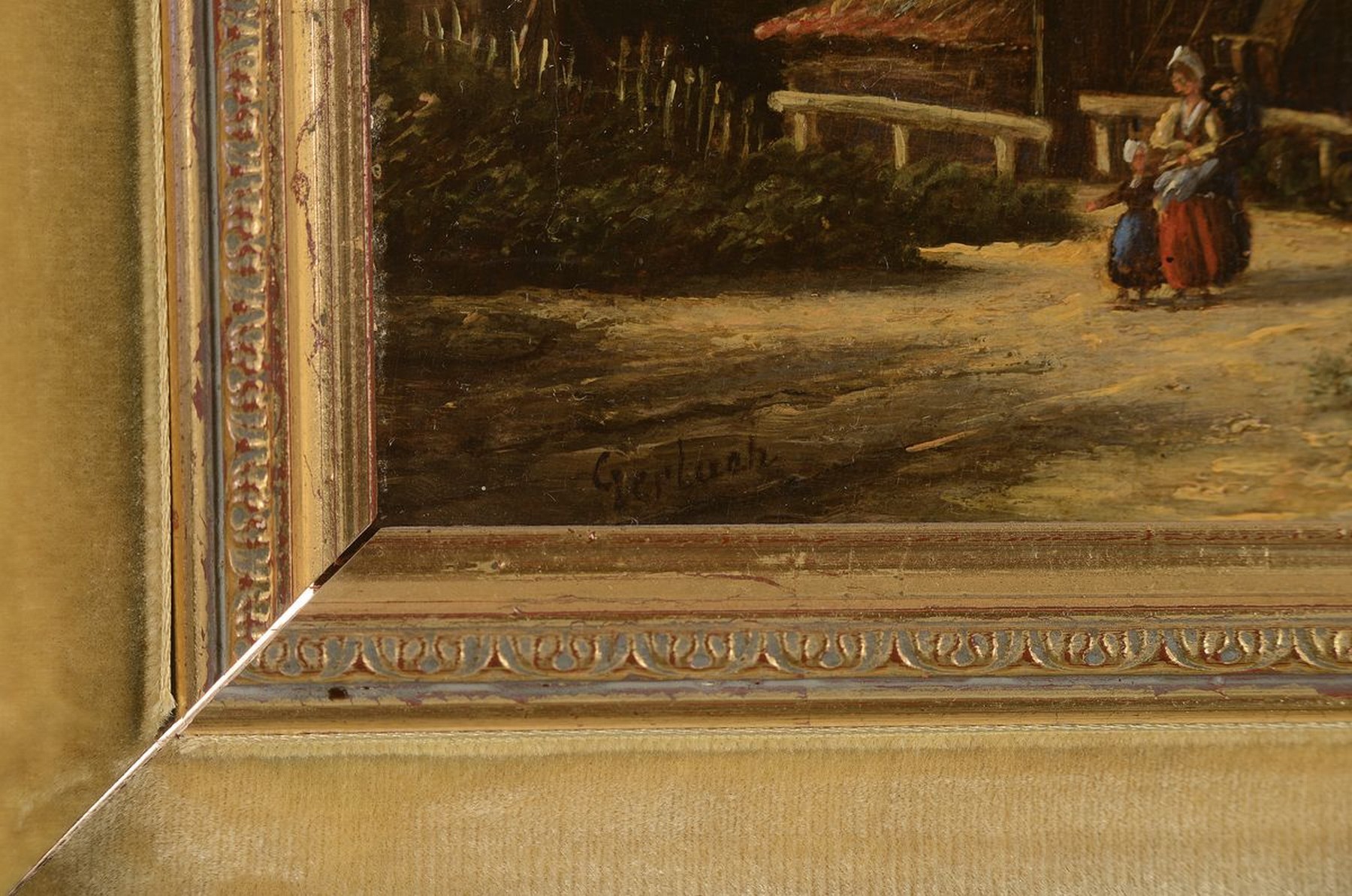 Detail a: Zuschreibung: Julius Gerlach, Maler des 19./20. Jh., Mutter mit Kind vor einer Mühle am Bach, Öl/Holz, links unten signiert Gerlach, ca. 19x26cm, ...