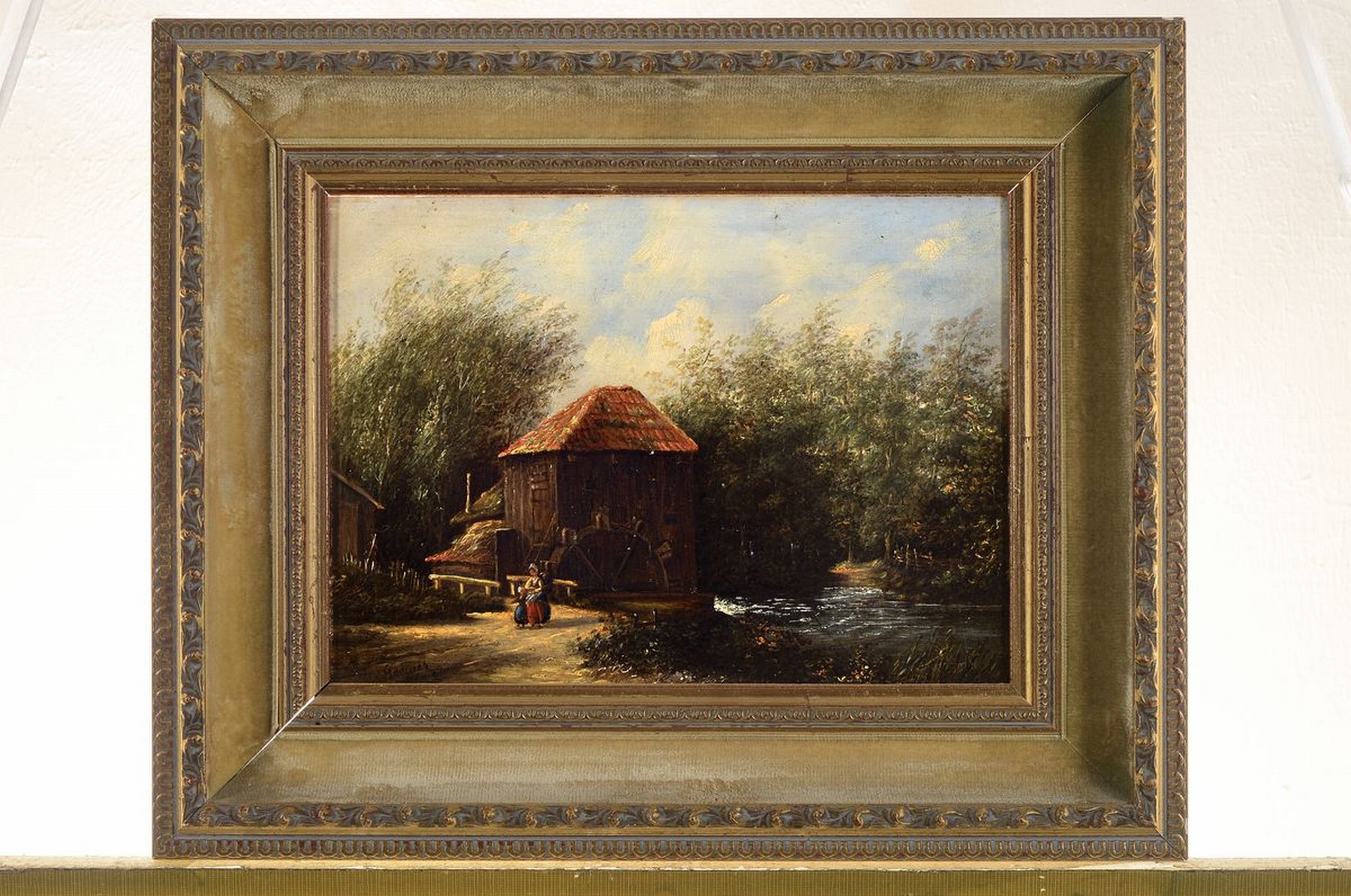 Detail k: Zuschreibung: Julius Gerlach, Maler des 19./20. Jh., Mutter mit Kind vor einer Mühle am Bach, Öl/Holz, links unten signiert Gerlach, ca. 19x26cm, ...