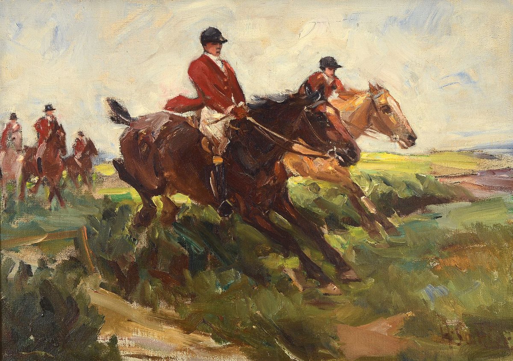 Hermann Sattler, 1892 Wunsredel - 1945 Wattersdorf, Perforcejagd, Öl/Lwd, gekonnte impress. Malerei, bewegte, ausdrucksstarke Darstellung, li. unten ...