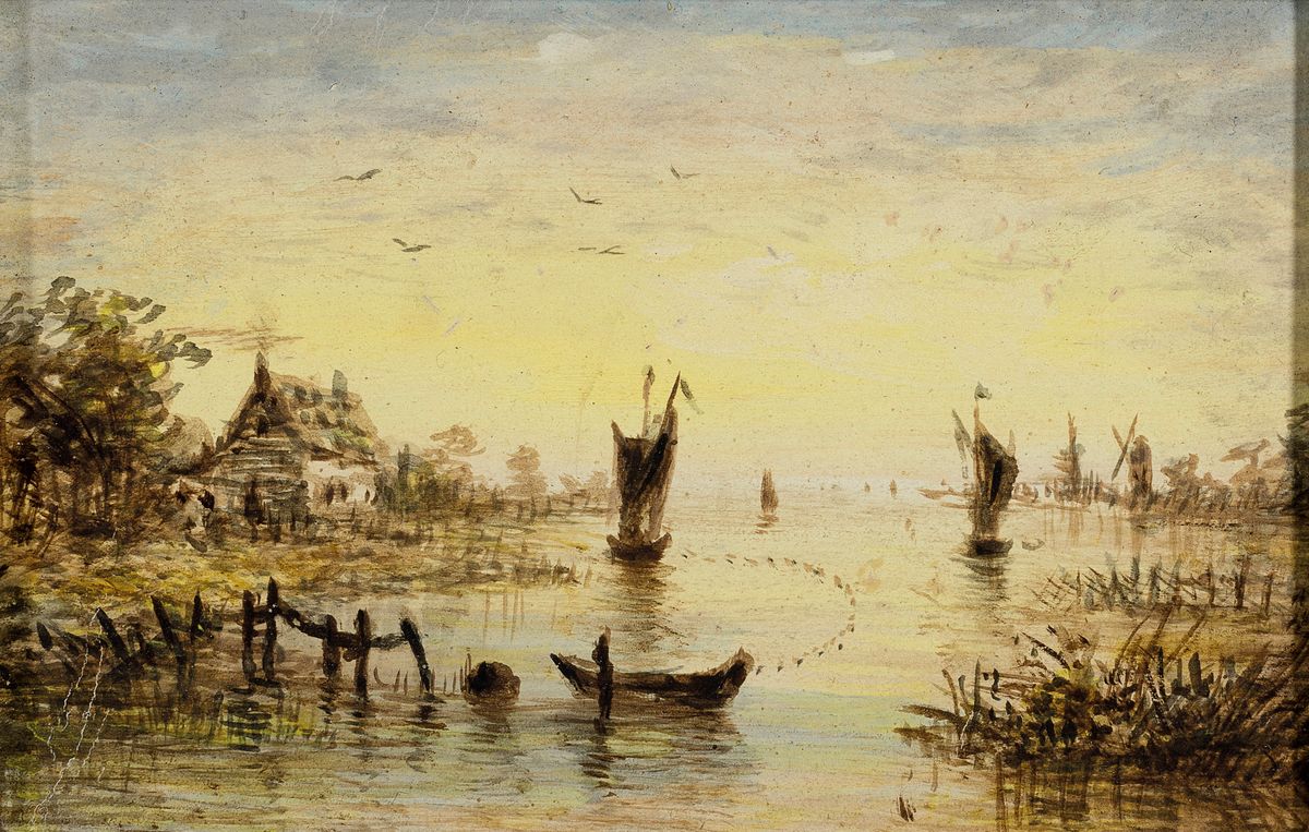 Unbekannter Künstler, Niederlande, um 1900, 2 Pendants: baumbestandene Flusslandschaften, Öl/Holz, je ca. 10x14.5cm, R. ca. 22x25cm, ein Rahmen l. ...