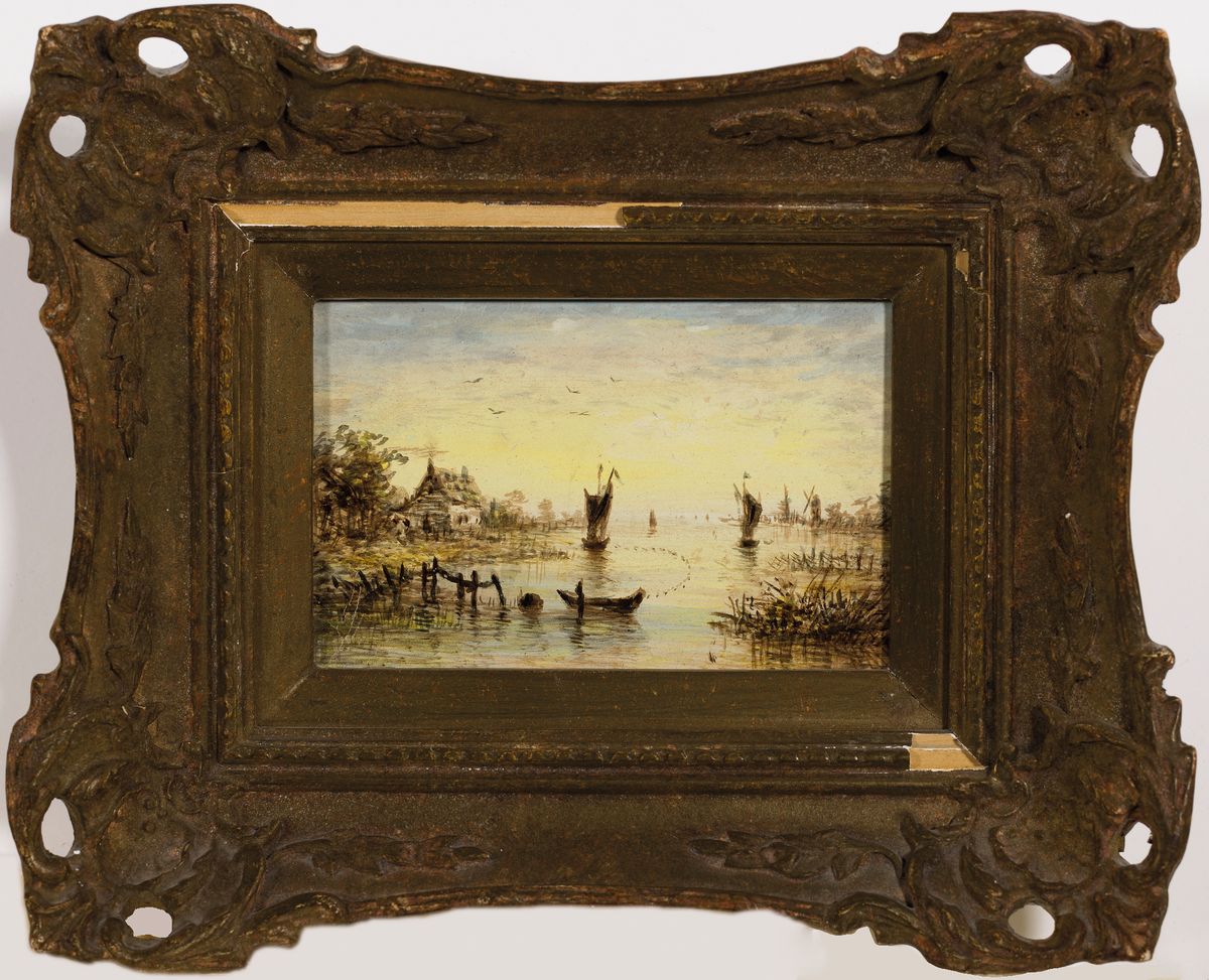 Detail k: Unbekannter Künstler, Niederlande, um 1900, 2 Pendants: baumbestandene Flusslandschaften, Öl/Holz, je ca. 10x14.5cm, R. ca. 22x25cm, ein Rahmen l. ...