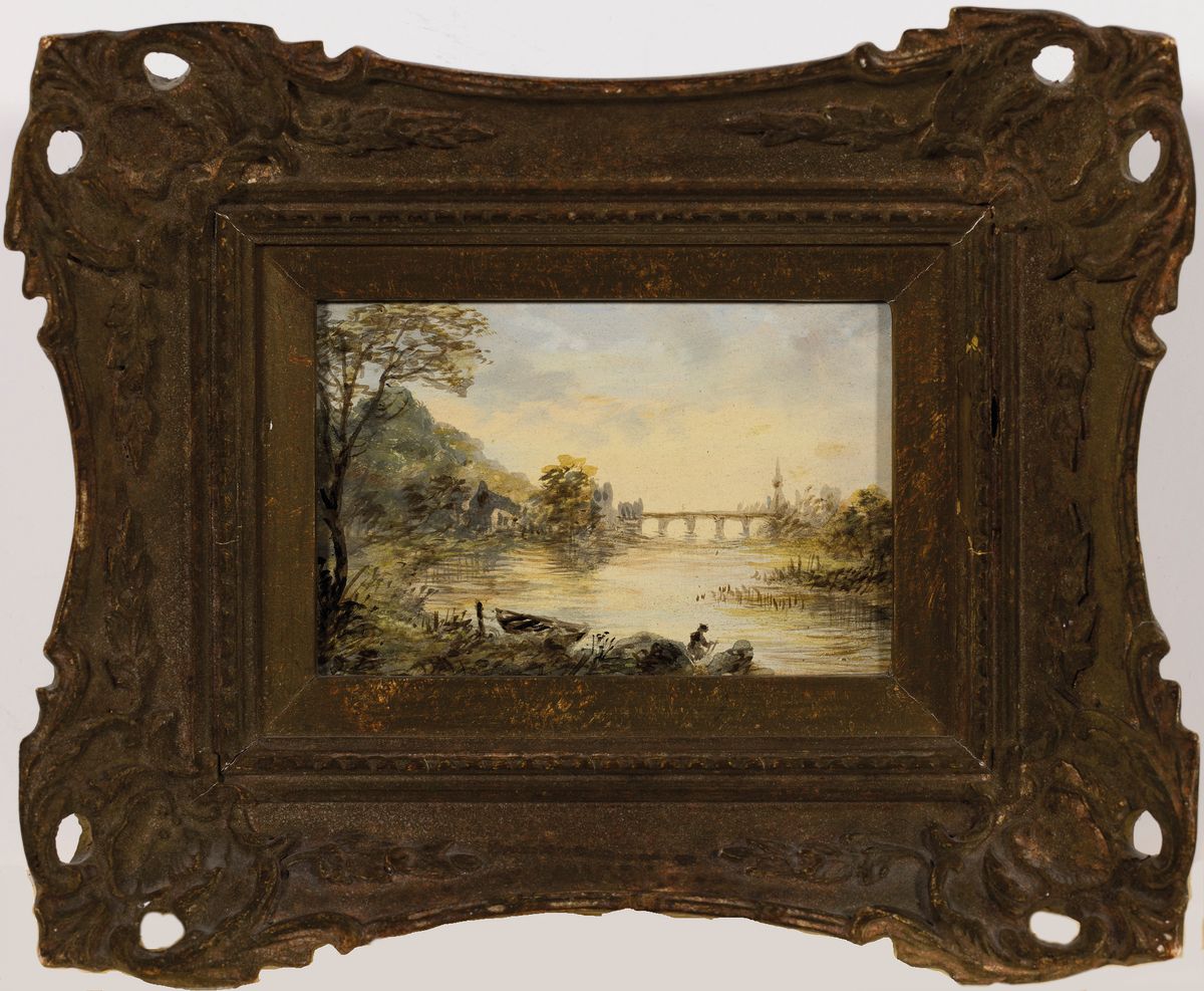 Detail l: Unbekannter Künstler, Niederlande, um 1900, 2 Pendants: baumbestandene Flusslandschaften, Öl/Holz, je ca. 10x14.5cm, R. ca. 22x25cm, ein Rahmen l. ...