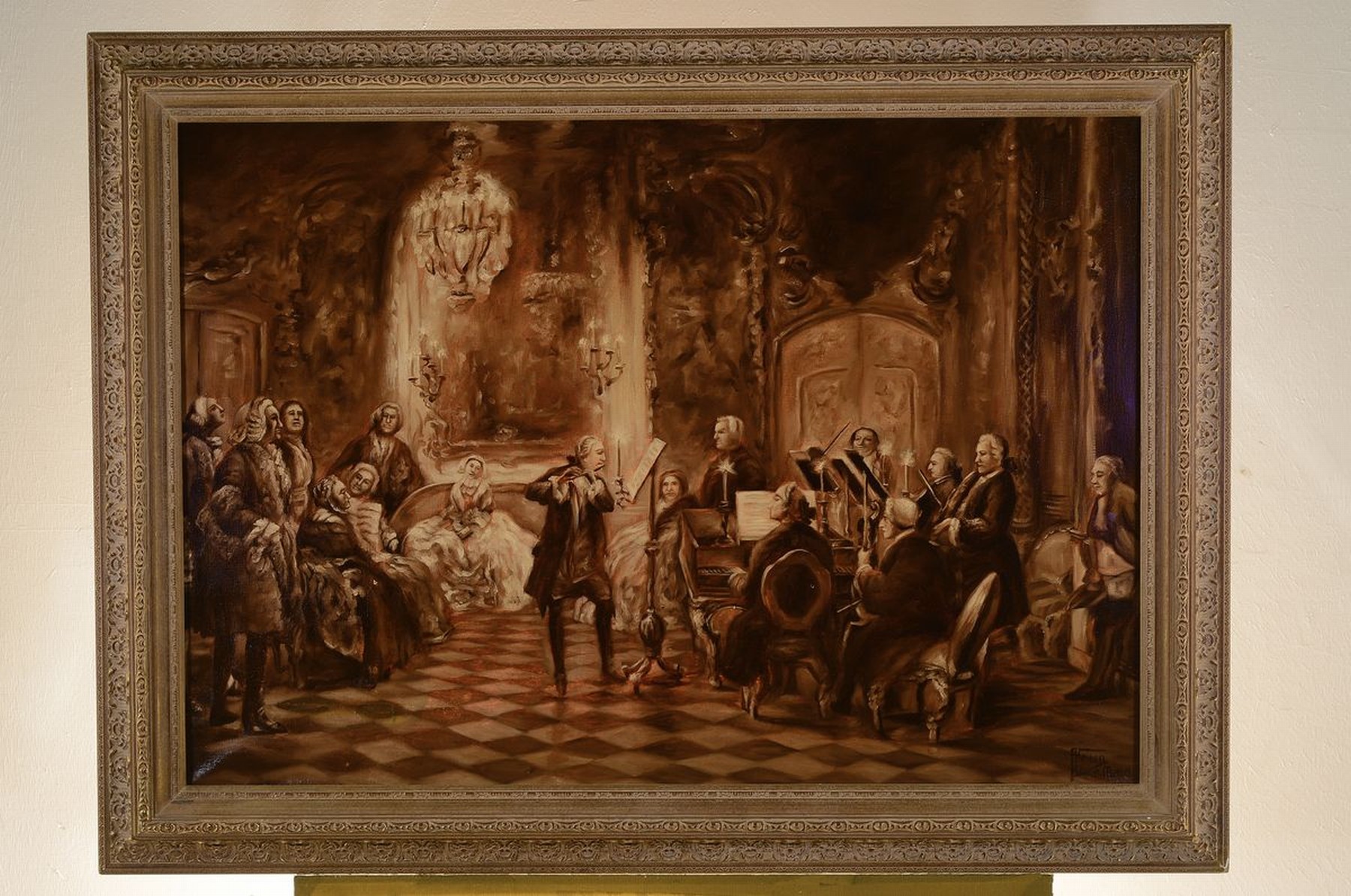 Detail k: Hans (Johann) Heinen, 1860 Krefeld-1943 München, Kopie nach Adolph von Menzels Gemälde Flötenkonzert Friedrichs des Großen, Öl/Lwd, rechts unten ...