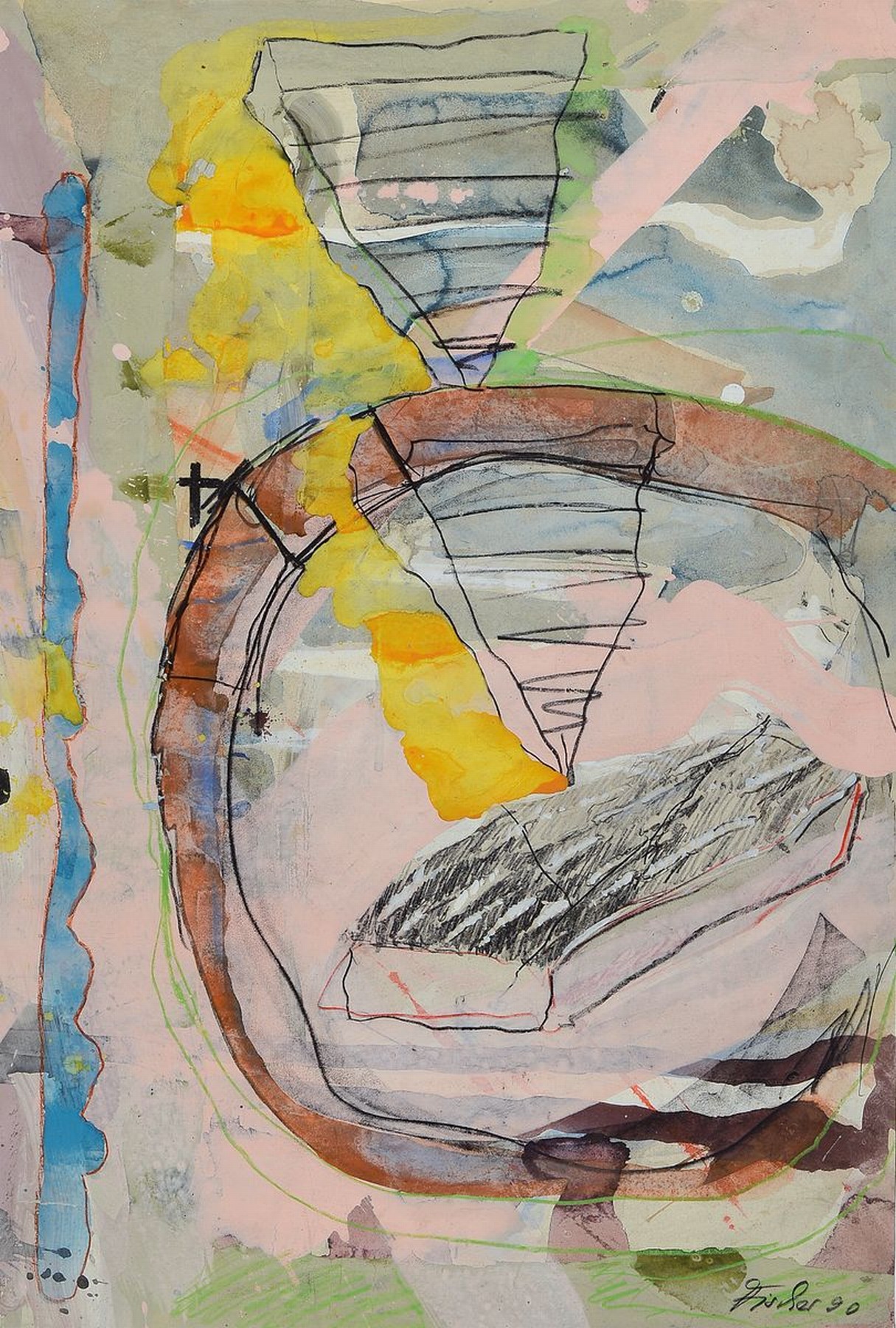 Ole Fischer, 1943-2005, Mischtechnik/ Papier auf Karton befestigt, rechts unten sign., dat. 90, Motiv ca. 71x48 cm, gesamt ca. 100x68 cm