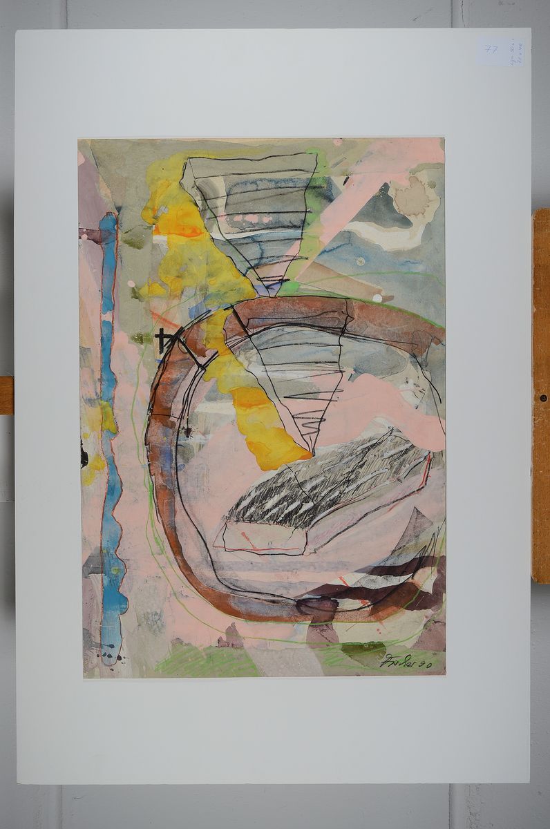 Detail k: Ole Fischer, 1943-2005, Mischtechnik/ Papier auf Karton befestigt, rechts unten sign., dat. 90, Motiv ca. 71x48 cm, gesamt ca. 100x68 cm