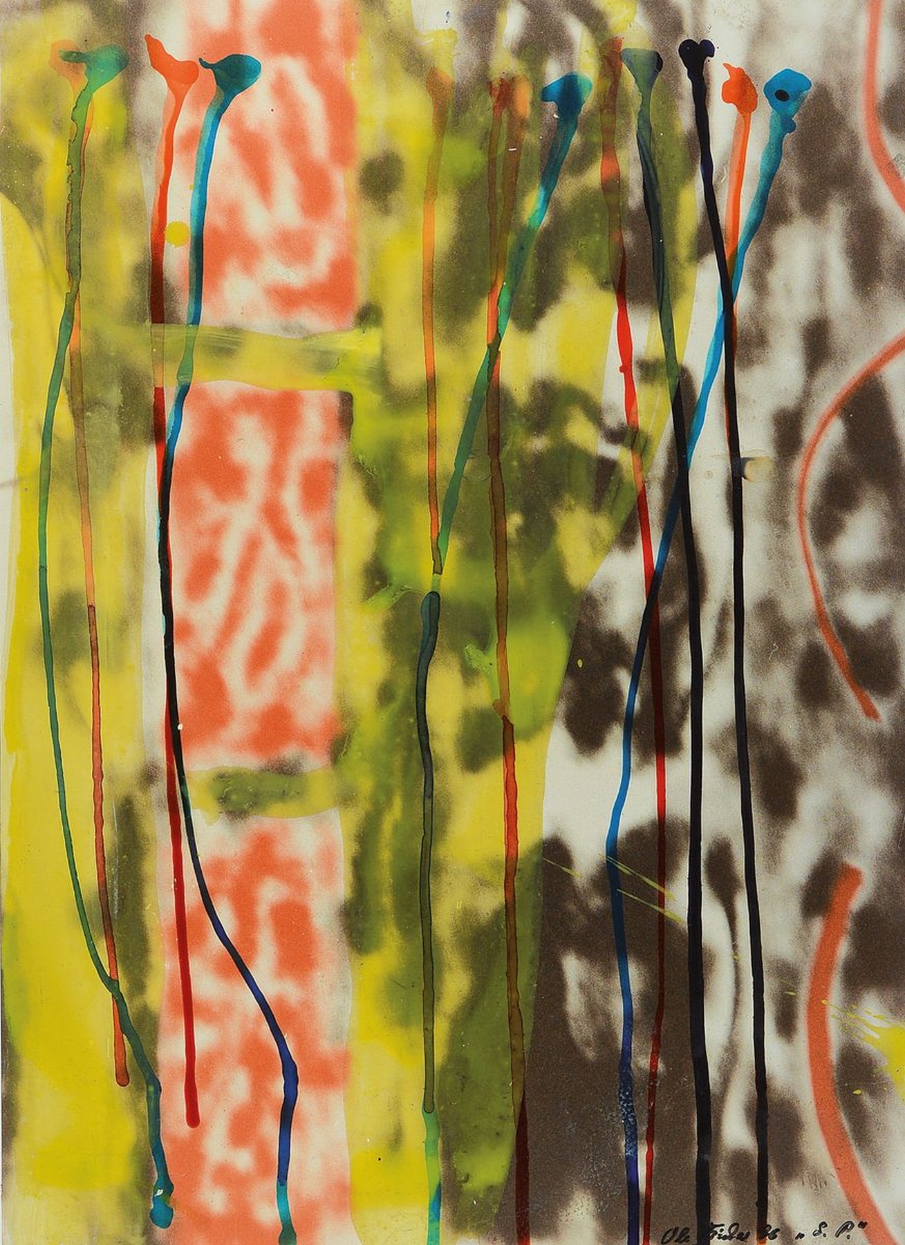 Ole Fischer, 1943-2005, Mischtechnik/ Papier, auf Karton befestigt, rechts unten sign., dat.96, bezeichnet S.P., ca. 70x50 cm, gesamt ca. 100x64 cm