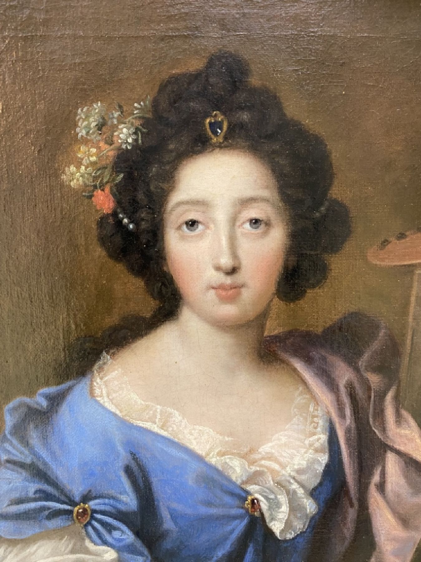 Detail c: Porträtist, Frankreich, um 1760-1770, Selbstporträt einer Malerin mit Hauptwerk, erstklassige lasierende Malerei mit hochfeinem Inkarnat, direkter ...