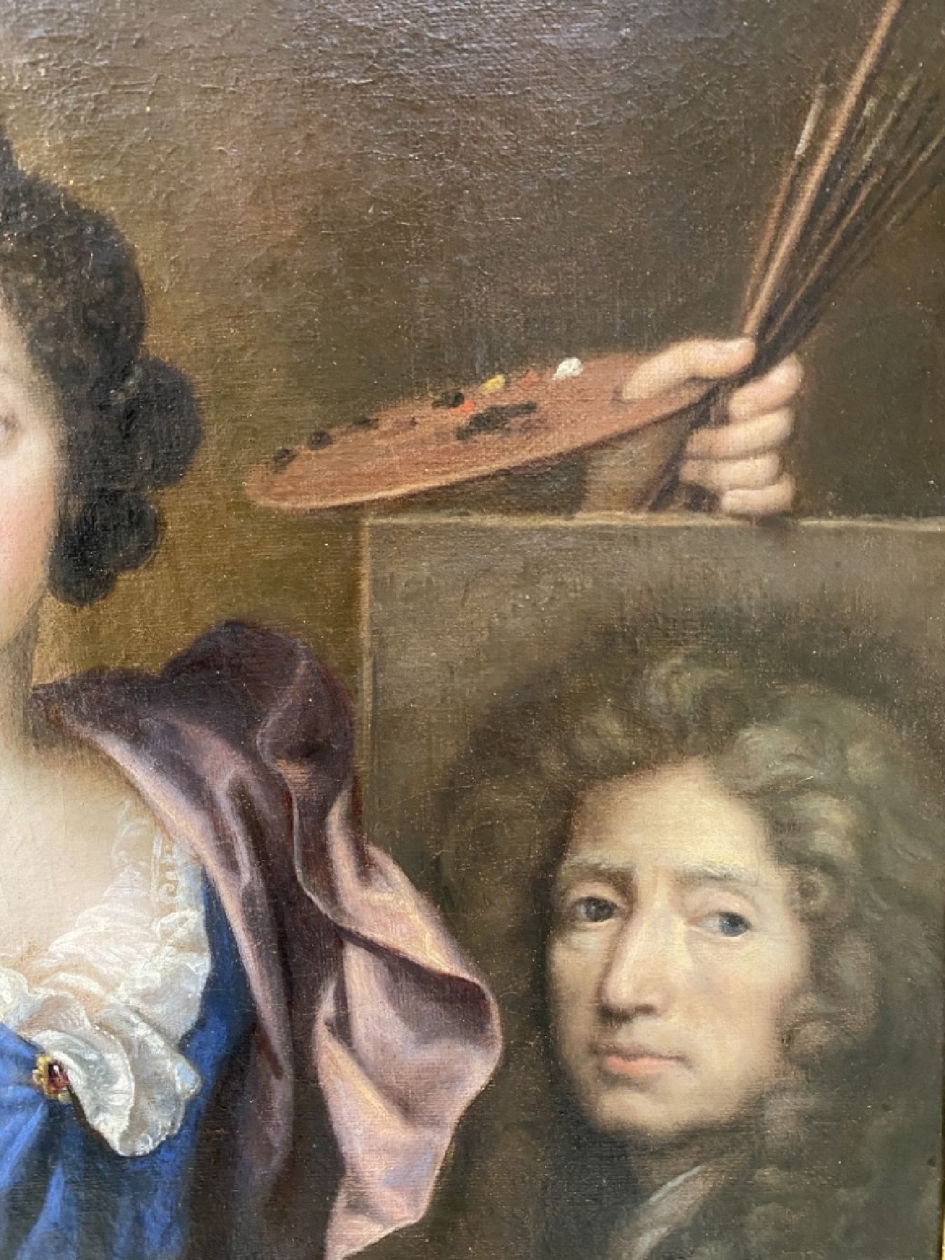 Detail d: Porträtist, Frankreich, um 1760-1770, Selbstporträt einer Malerin mit Hauptwerk, erstklassige lasierende Malerei mit hochfeinem Inkarnat, direkter ...