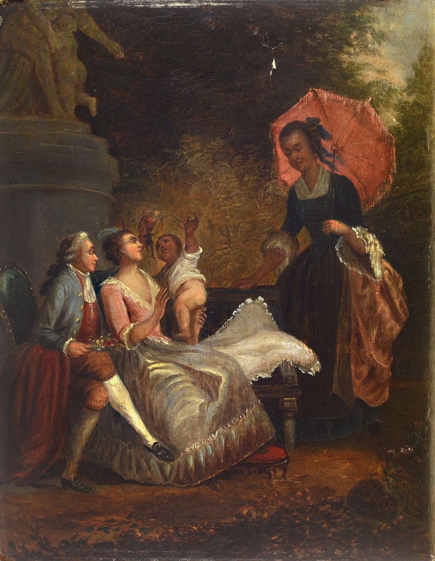 Zuschreibung: Louis Joseph Watteau, 1731- 1798, Eltern mit Kleinkind im Park, daneben das Kindermädchen mit rotem Sonnenschirm, Öl auf Holz ...