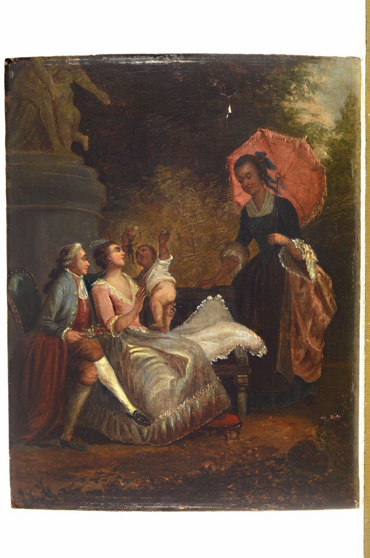 Detail k: Zuschreibung: Louis Joseph Watteau, 1731- 1798, Eltern mit Kleinkind im Park, daneben das Kindermädchen mit rotem Sonnenschirm, Öl auf Holz ...