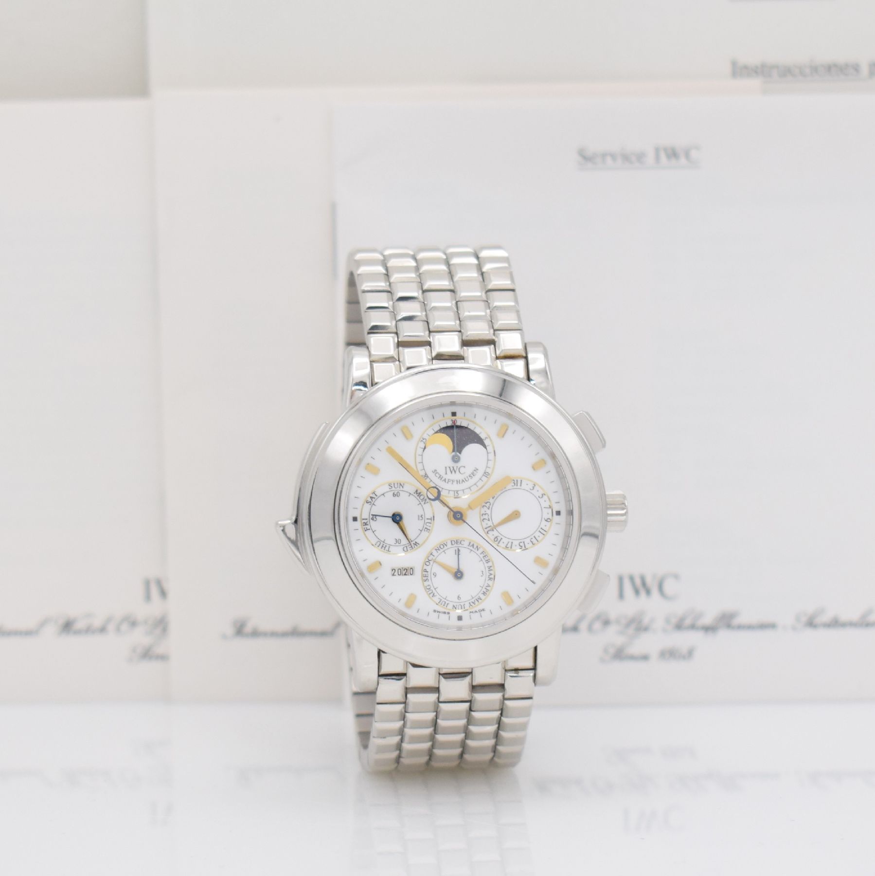 Detail e: IWC hochfeiner, seltener & bedeutender astronomischer Armbandchronograph Grande Complication mit ewigem Kalender & Minutenrepetition in Platin ...