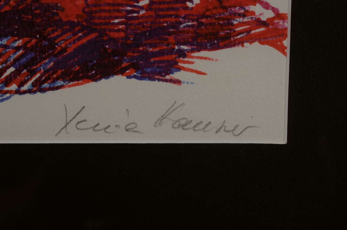 Detail a: Xenia Hausner, geb. 1951, Farblithografie auf Büttenpapier, handsigniert, num. 100/500, "Auf der Leopardenwiese II", aus 1990, 28.5 x 29.5 ...