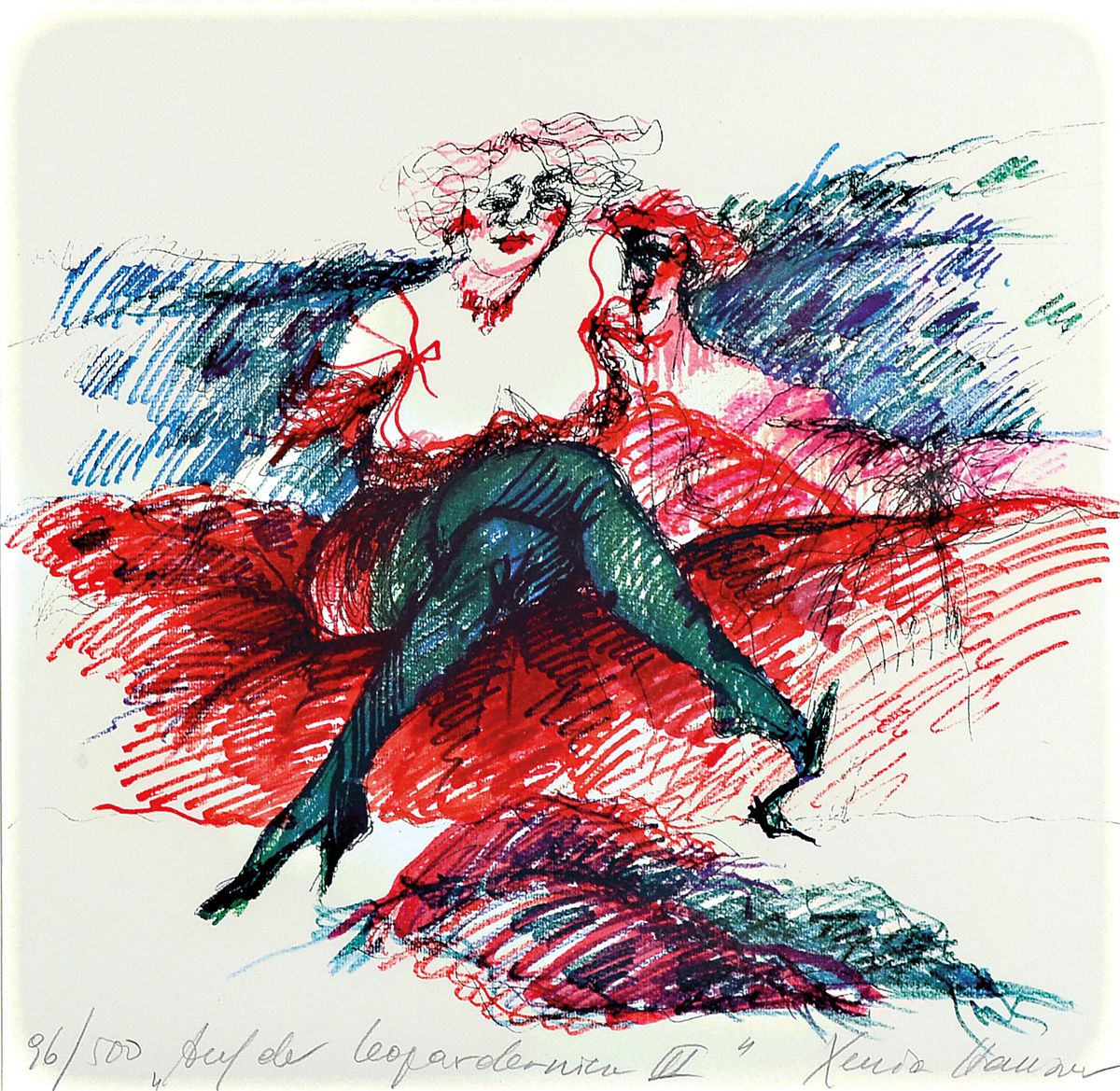 Xenia Hausner, geb. 1951, Farblithografie auf Büttenpapier, handsigniert, num. 96/500, "Auf der Leopardenwiese III", aus 1990, 28.5 x 29.5 ...