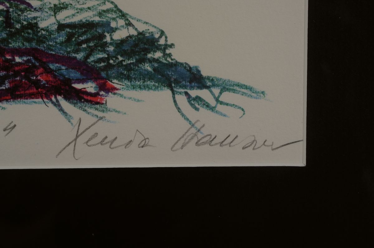 Detail a: Xenia Hausner, geb. 1951, Farblithografie auf Büttenpapier, handsigniert, num. 96/500, "Auf der Leopardenwiese III", aus 1990, 28.5 x 29.5 ...