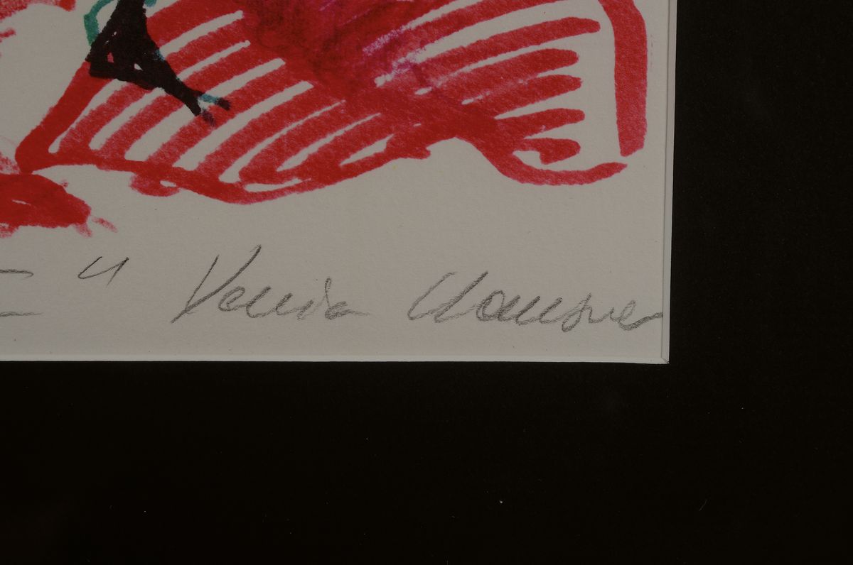 Detail a: Xenia Hausner, geb. 1951, Farblithografie auf Büttenpapier, handsigniert, num. 109/500, "Auf der Leopardenwiese I", aus 1990, 28.5 x 29.5 ...