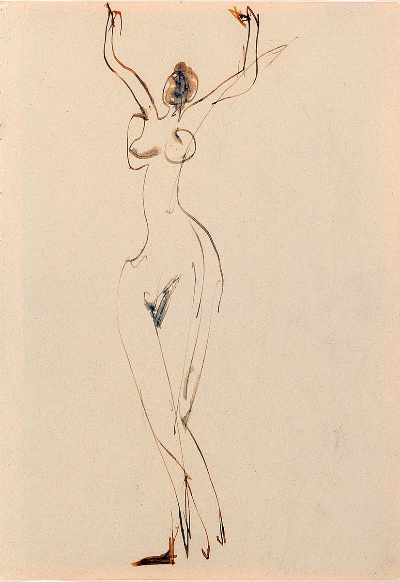 Ernst Ludwig Kirchner, 1880 - 1938, zwei lavierte Tuschezeichnungen auf chamoisfarbenem Velin (Vorderseite und Rückseite) "tanzender weiblicher ...