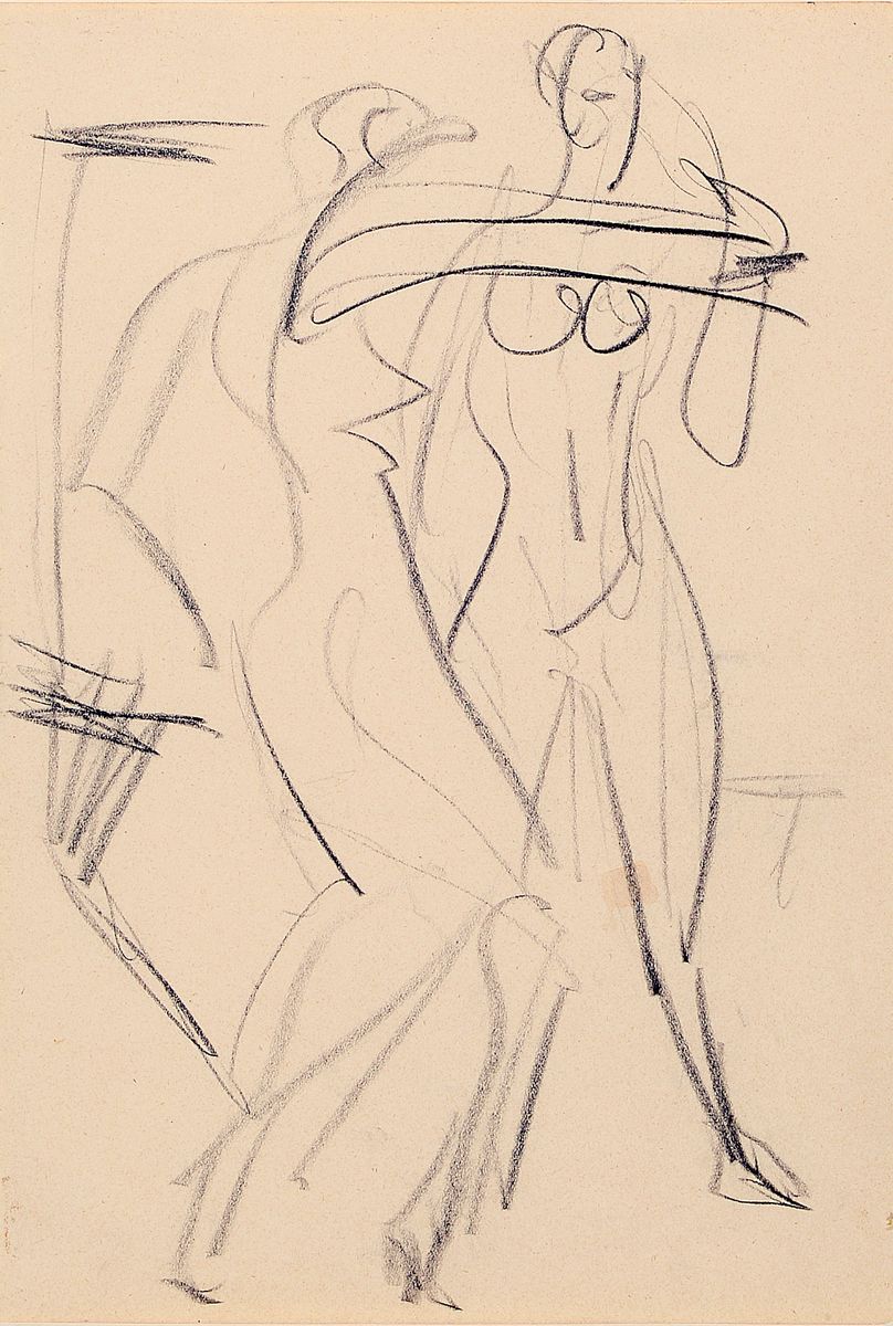Ernst Ludwig Kirchner, 1880 - 1938, schwarze Kreidezeichnung, "zwei weibliche Akte" nach 1930, Blattgröße 29.7 x 20.5 cm, WVZ Presler ...