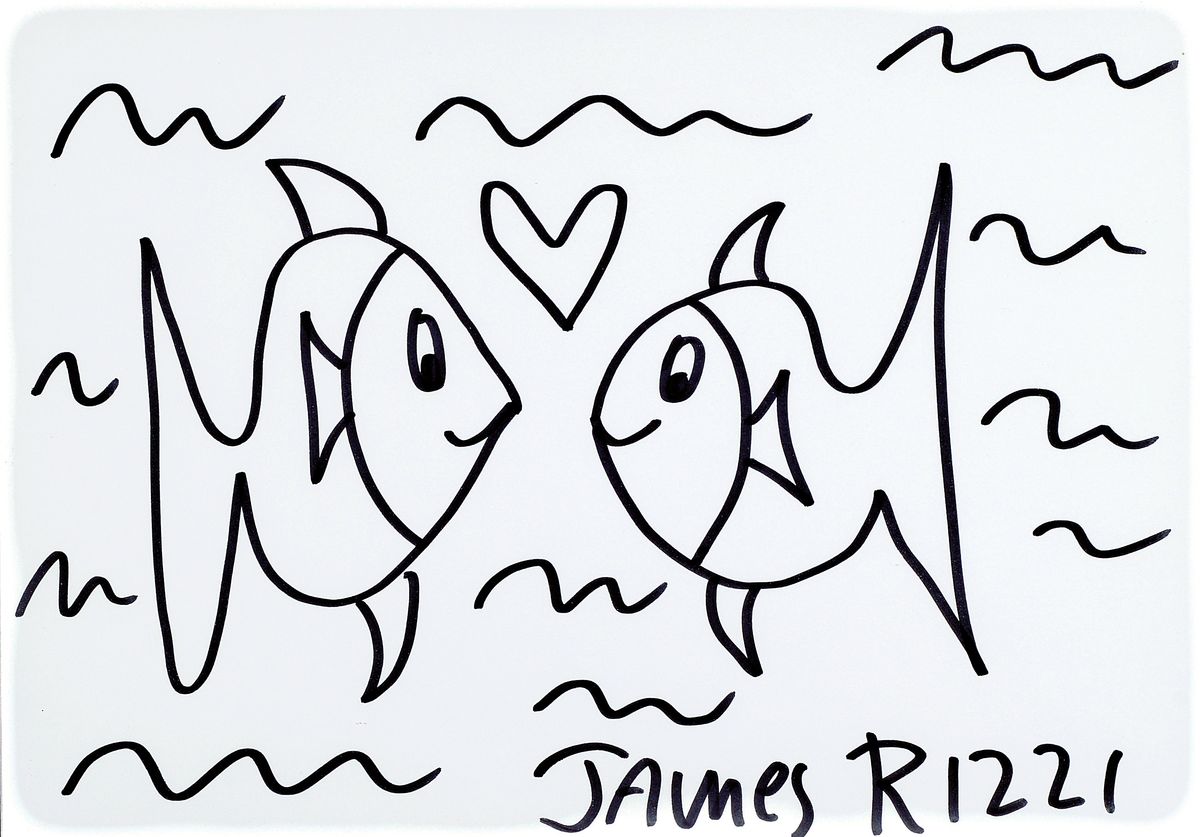 James Rizzi, 1950 - 2011, Filzstifzeichnung,handsigniert, Fische, 21 x 29.5 cm, unter Glas, Rahmen 32.5 x 42.35 cm
